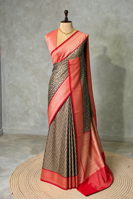 Dark Grey and Red khadial tissue Banarasi silk saree - RAZ5NF