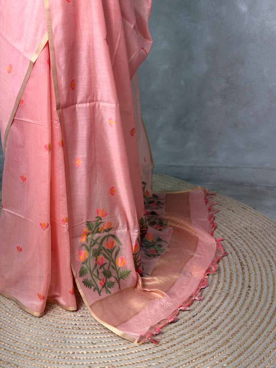 Peach Chanderi silk cotton Jamdani woven saree- PBRJ17