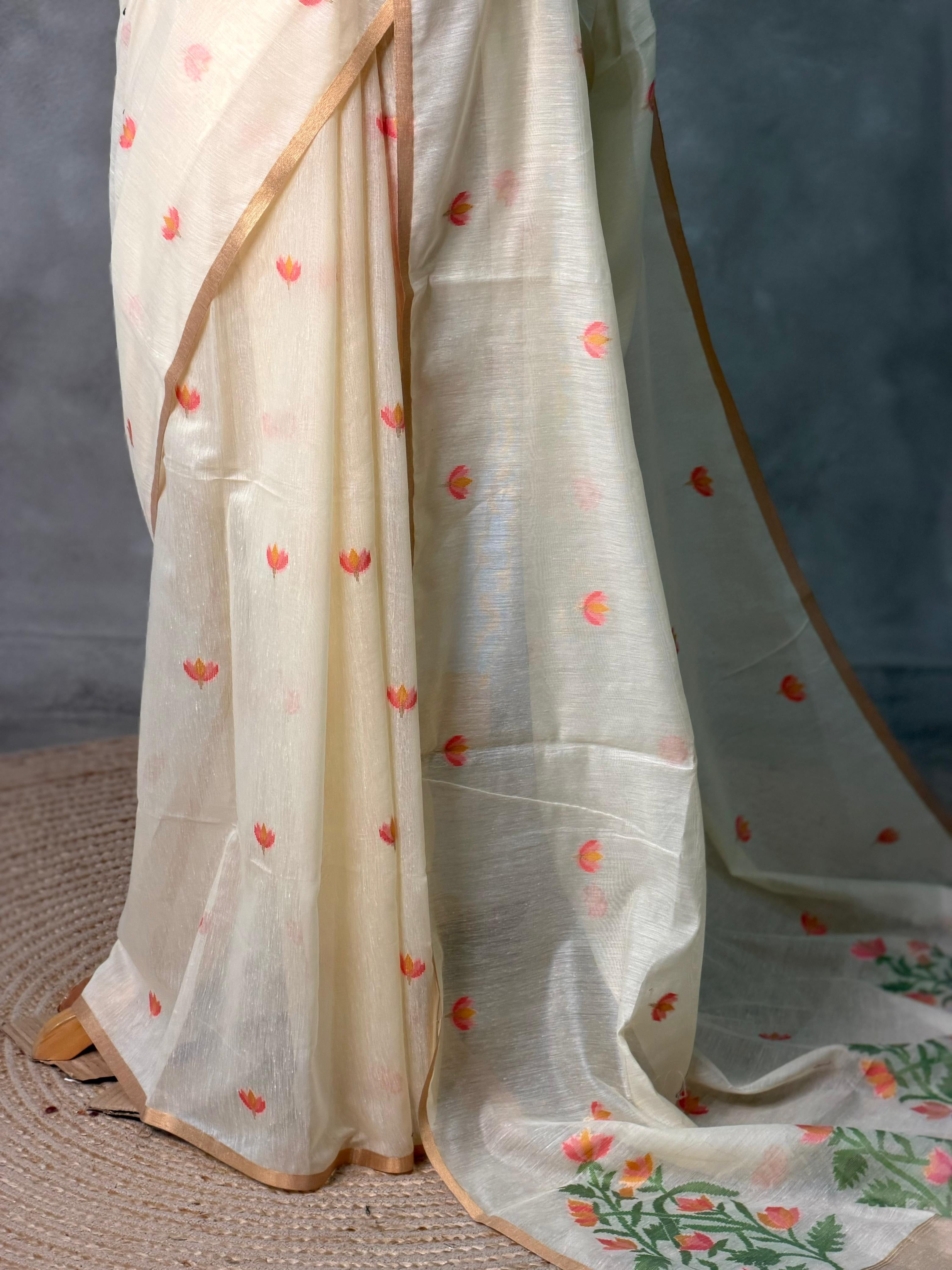 Sandal Chanderi silk cotton Jamdani woven saree- PBRJ19