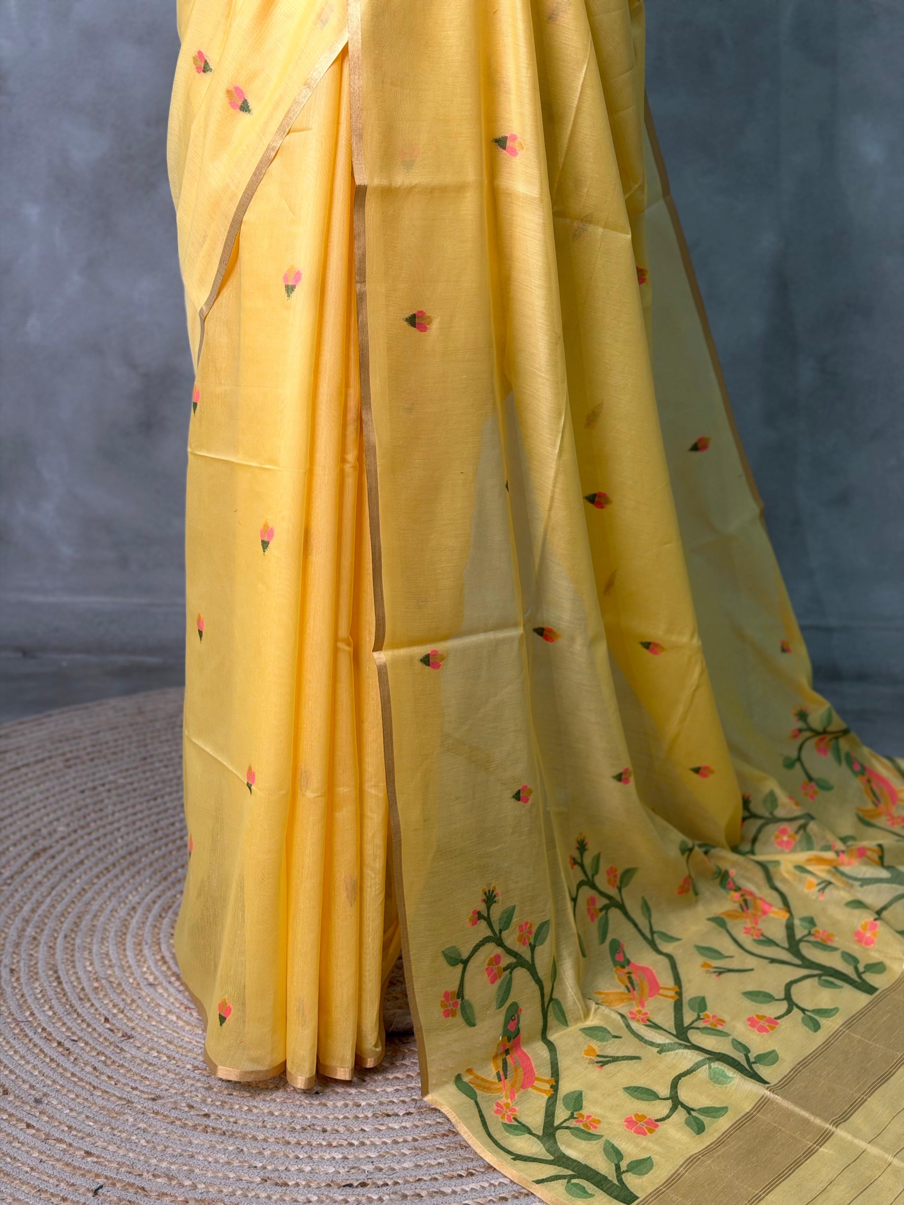Yellow Chanderi silk cotton Jamdani woven saree- PBRJ2