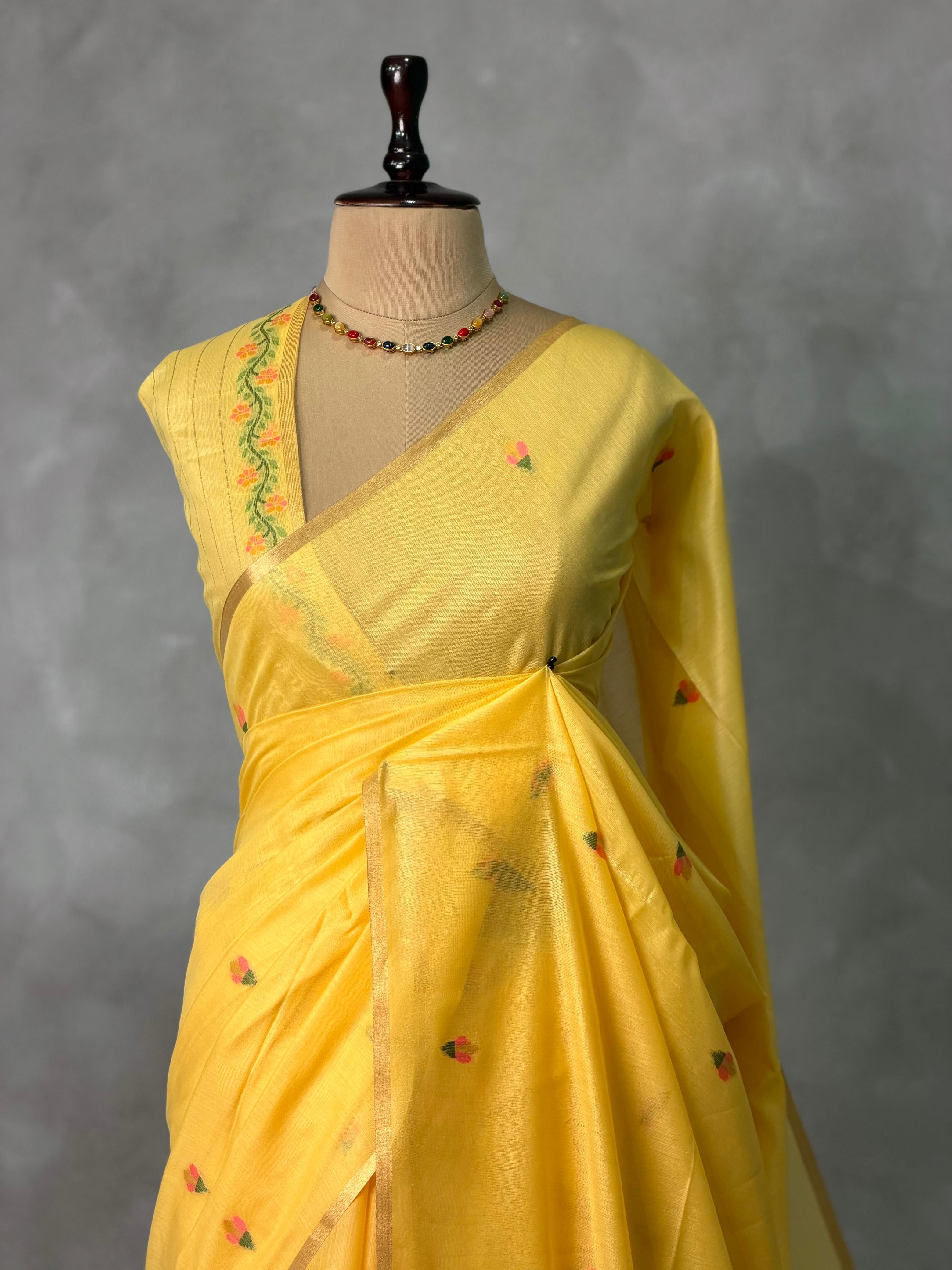 Yellow Chanderi silk cotton Jamdani woven saree- PBRJ2