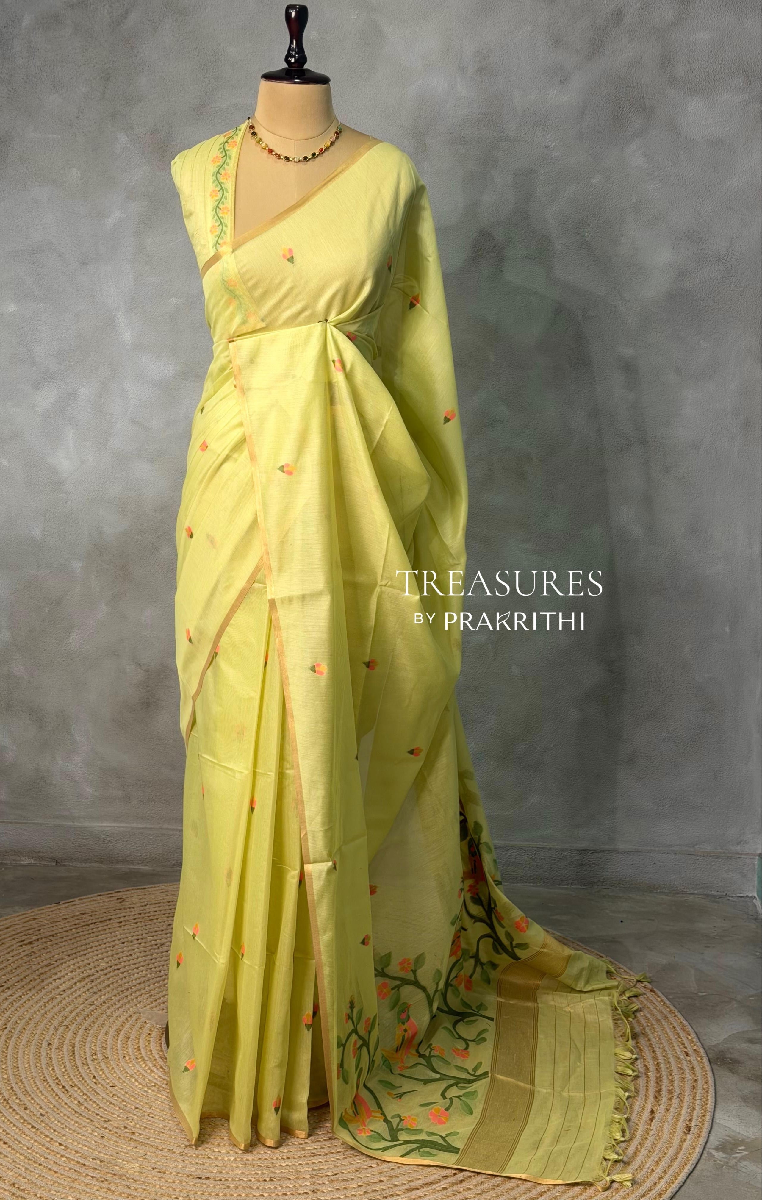 Lime Green Chanderi silk cotton Jamdani woven saree- PBRJ6