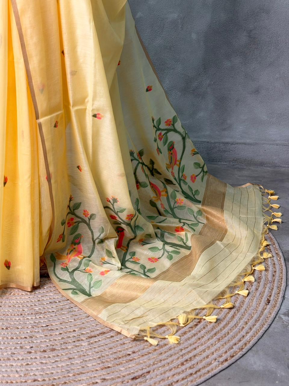 Pastal Yellow Chanderi silk cotton Jamdani woven saree- PBRJ5