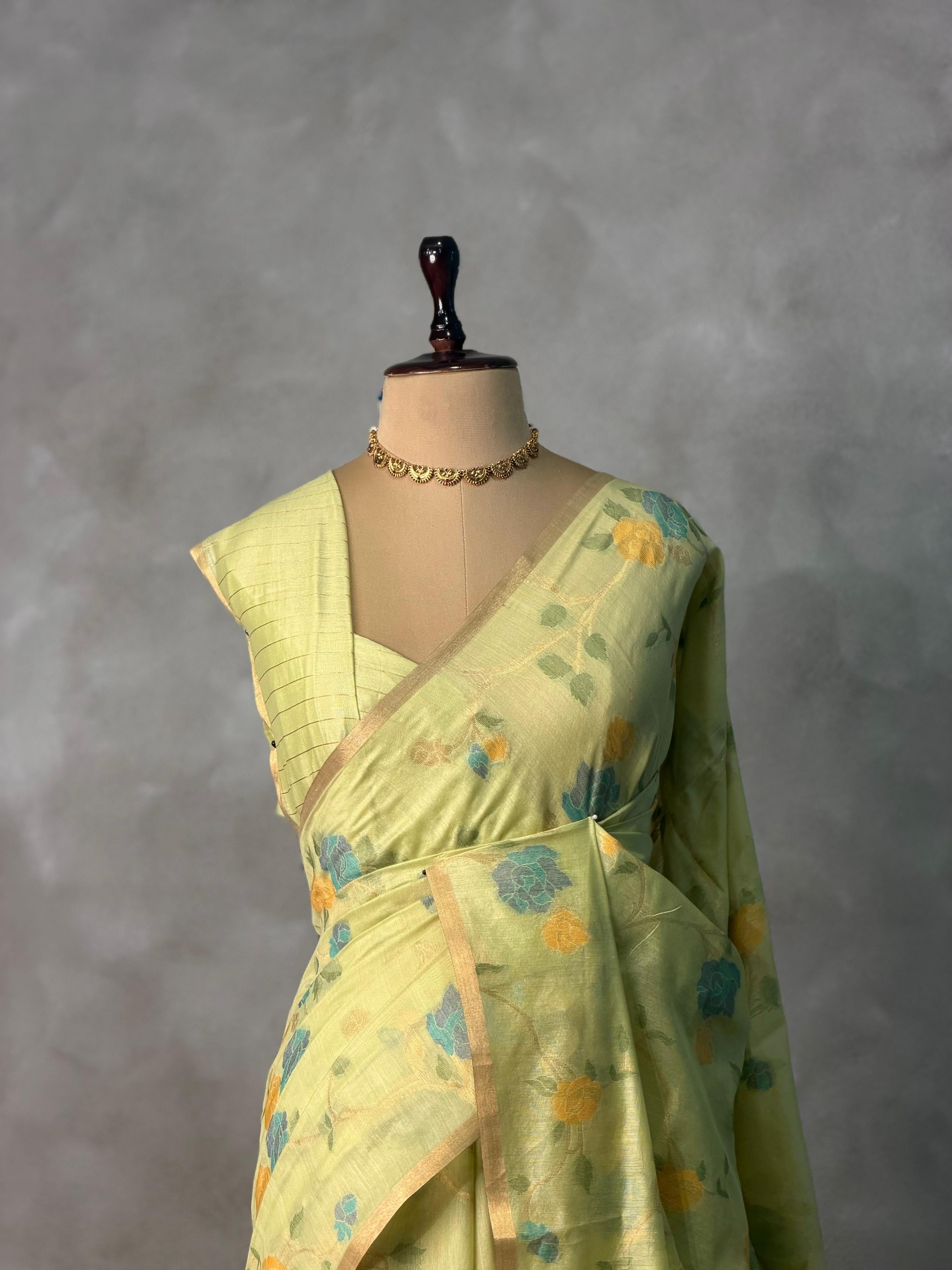 Green Chanderi silk cotton Jamdani woven saree- PBRJ36