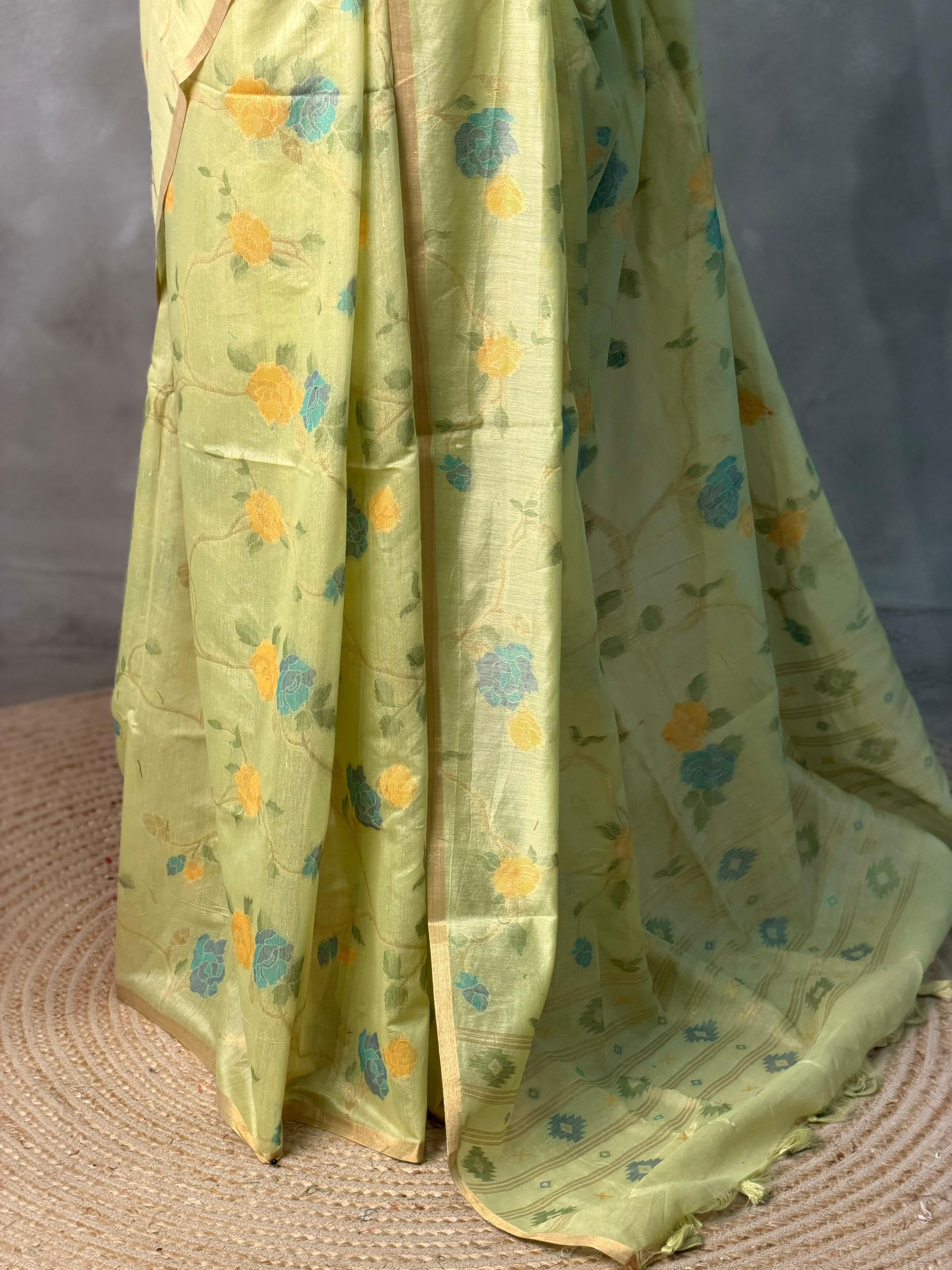 Green Chanderi silk cotton Jamdani woven saree- PBRJ36