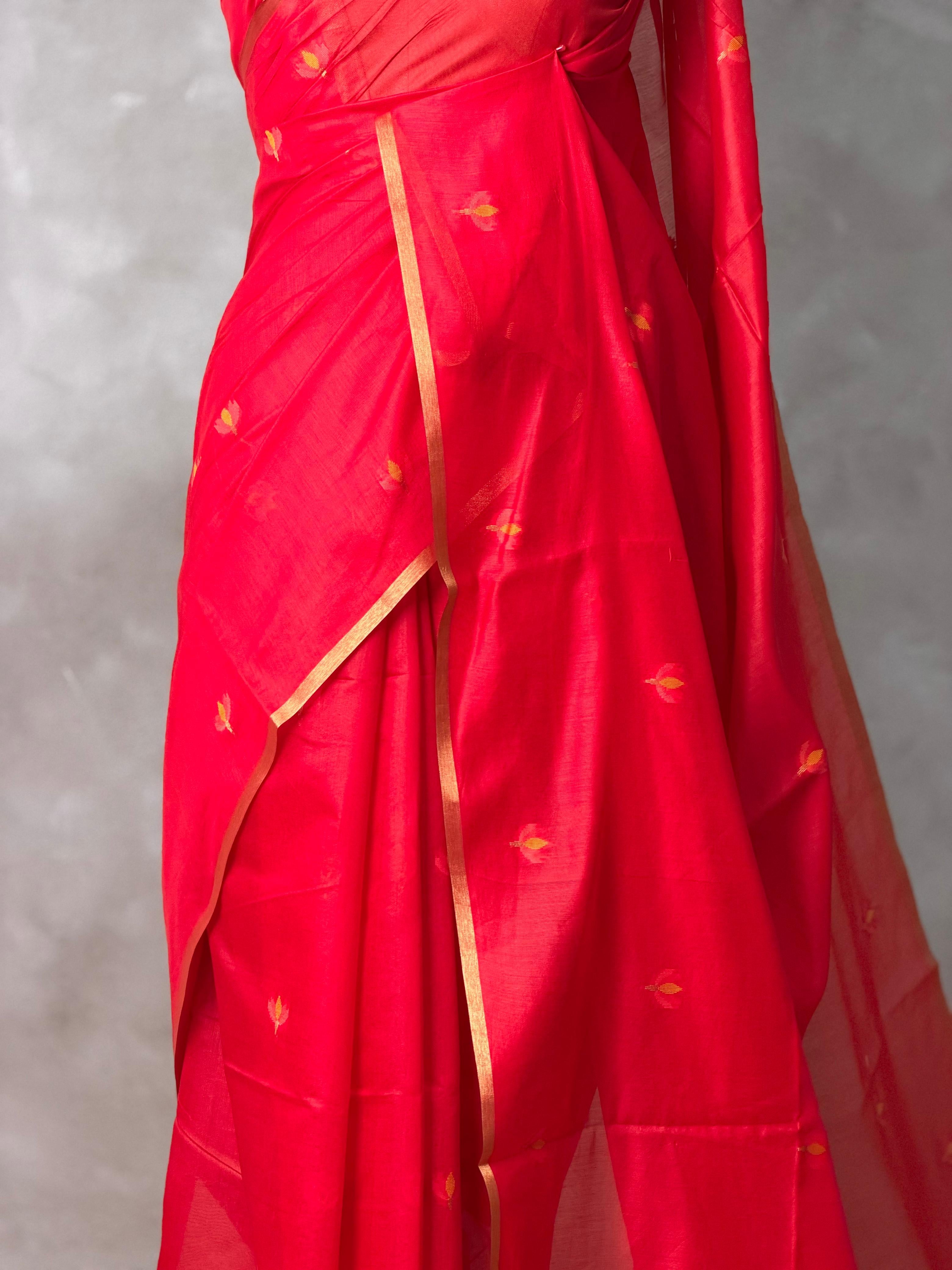 Maroon Red Chanderi silk cotton Jamdani woven saree- PBRJ13
