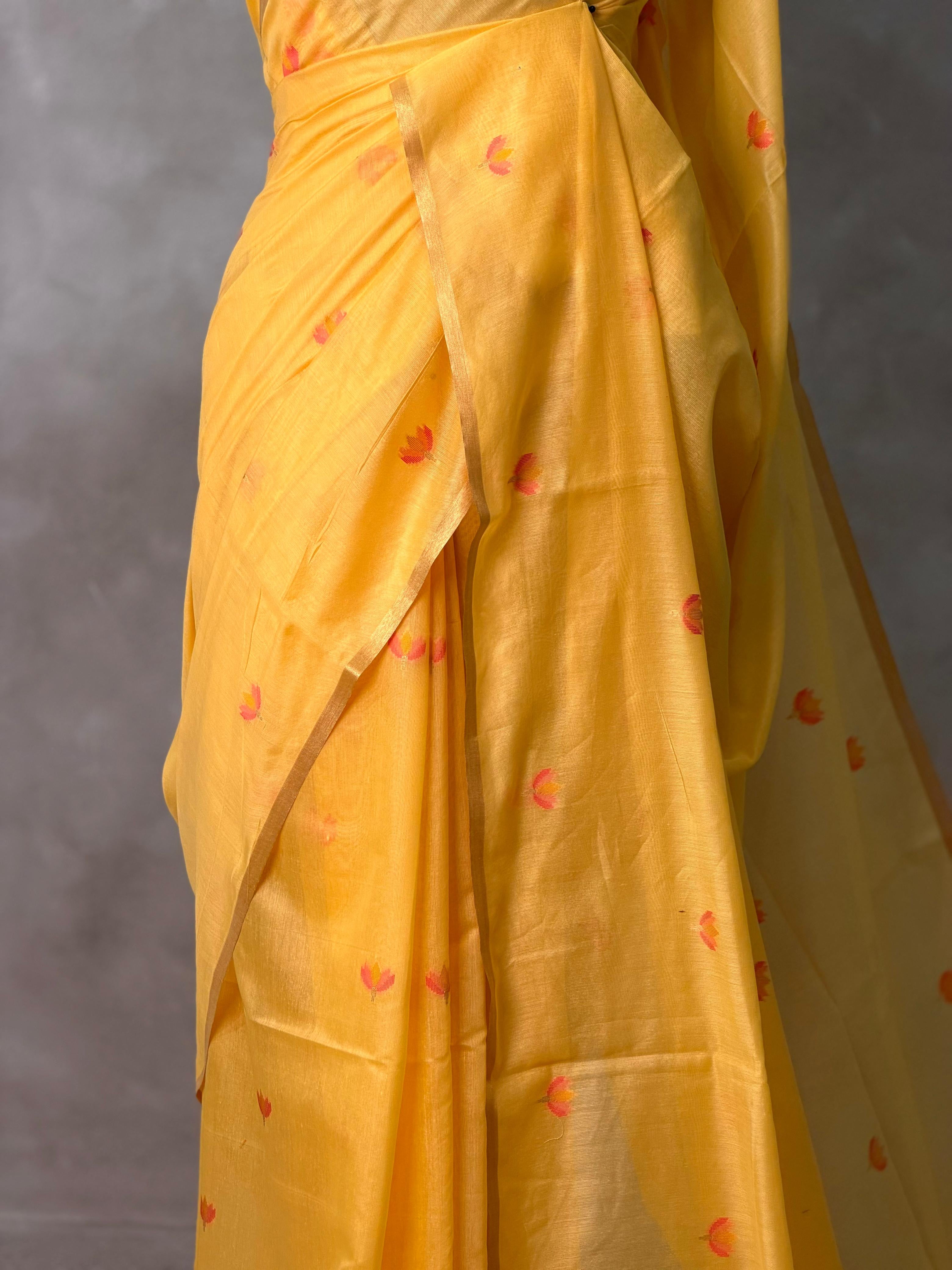 Yellow Chanderi silk cotton Jamdani woven saree- PBRJ14