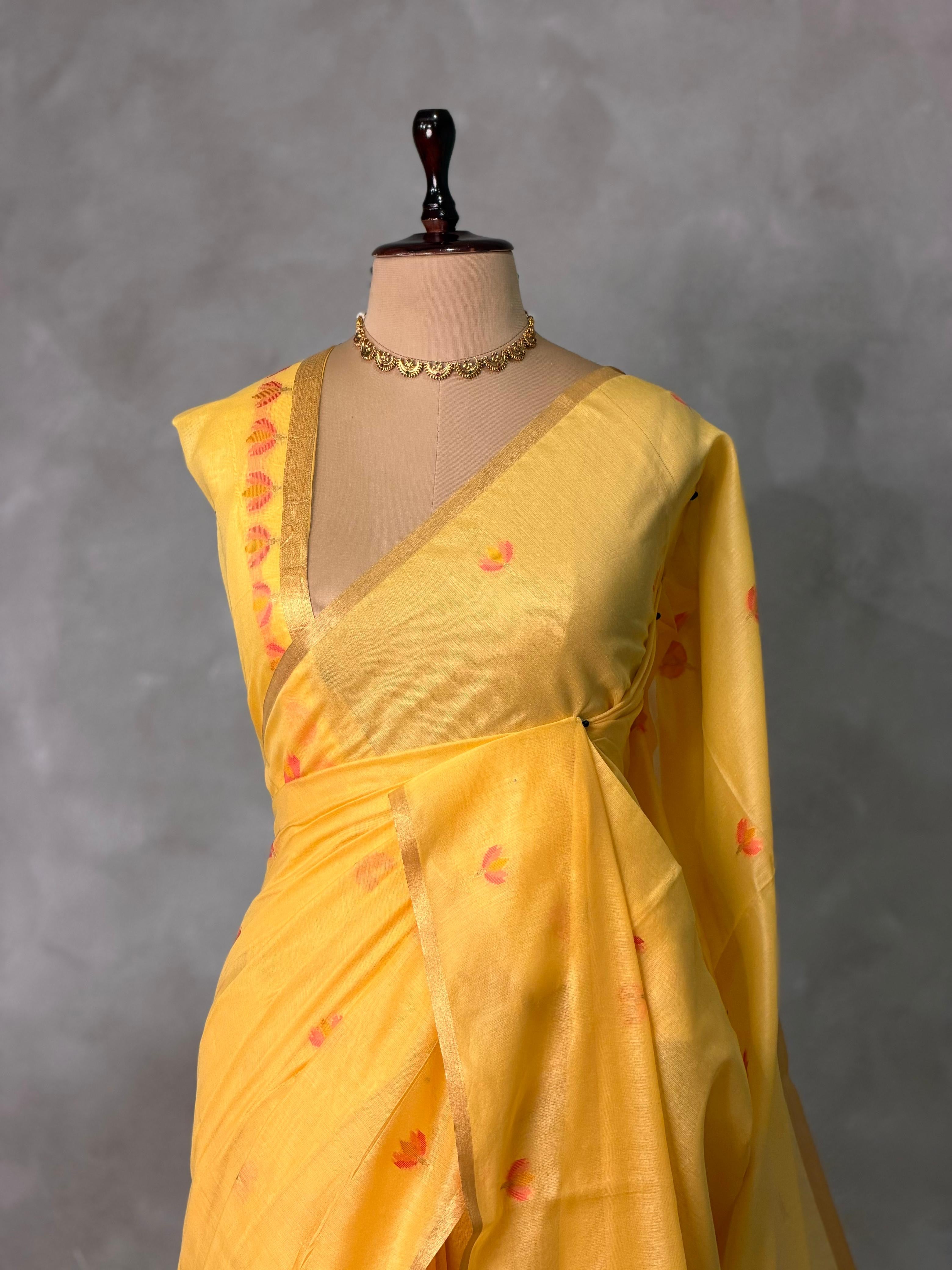 Yellow Chanderi silk cotton Jamdani woven saree- PBRJ14