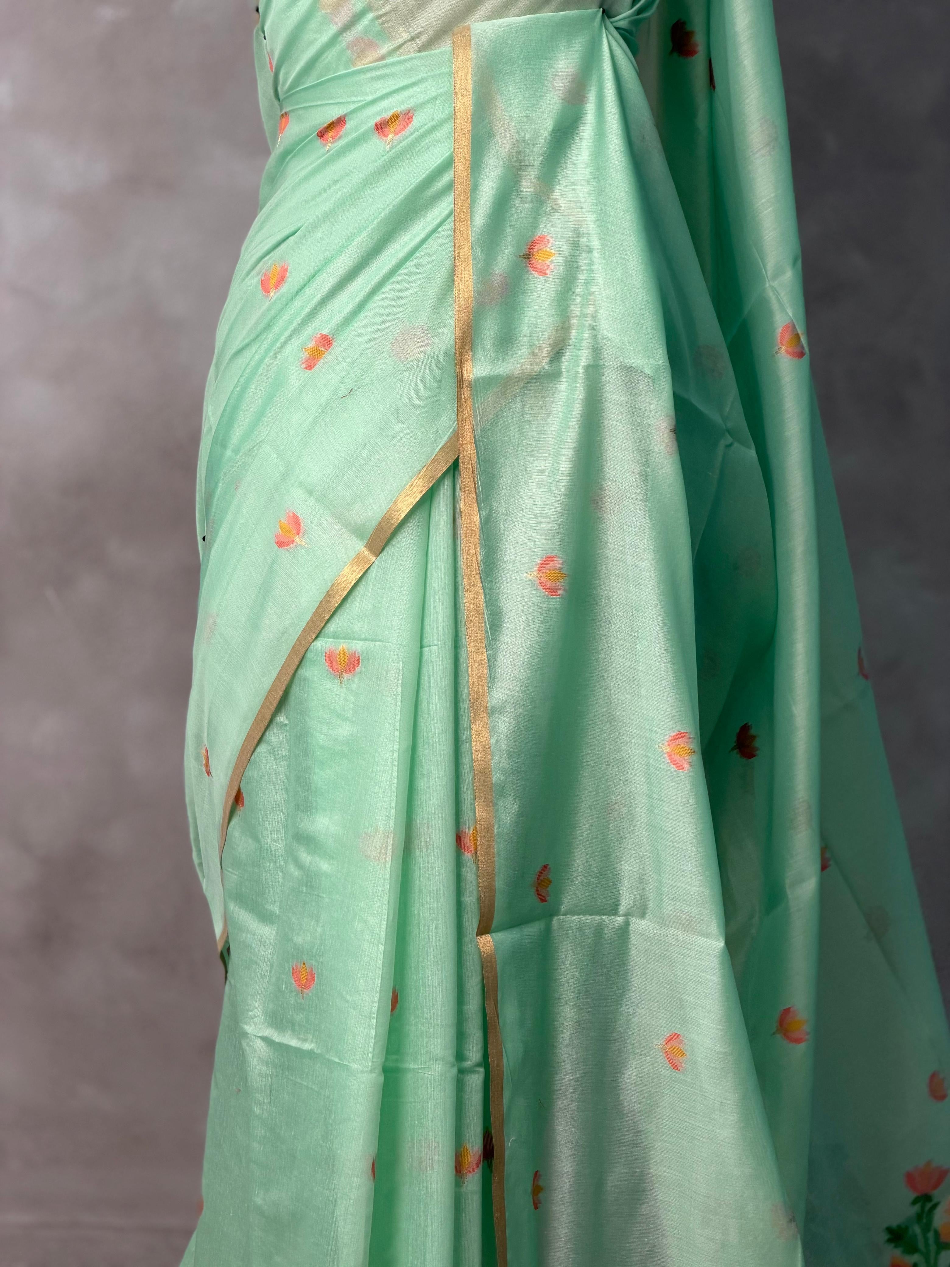 Pastal Green Chanderi silk cotton Jamdani woven saree- PBRJ18