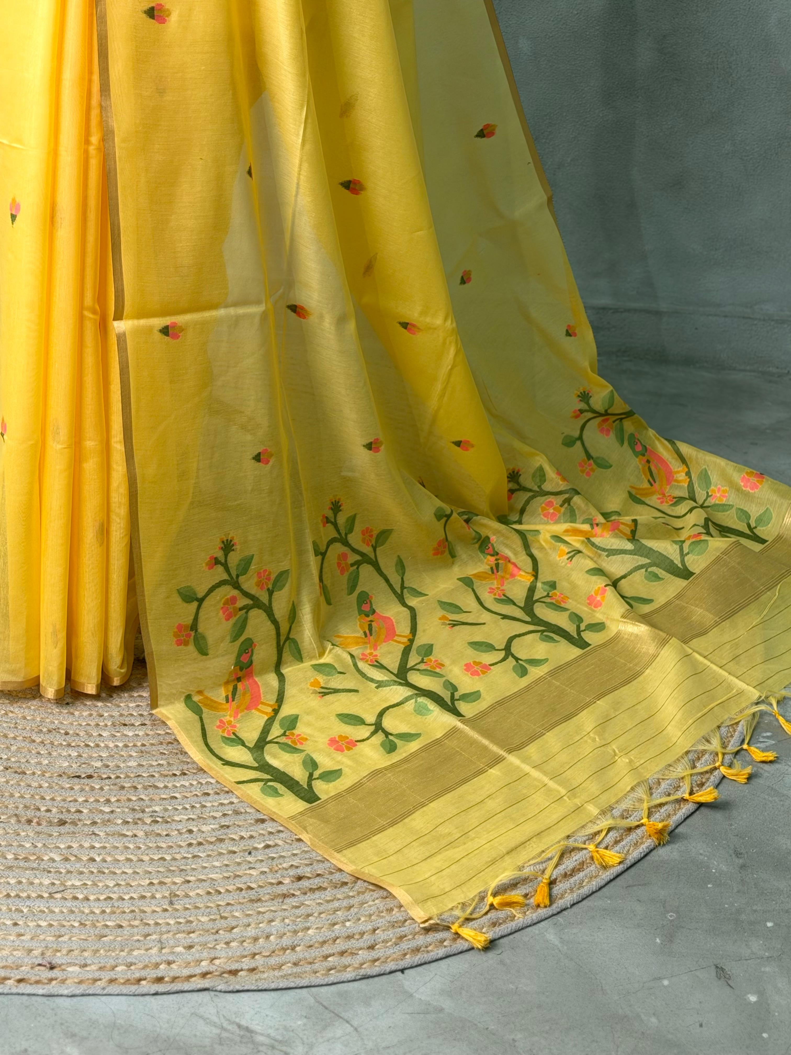 Yellow Chanderi silk cotton Jamdani woven saree- PBRJ2
