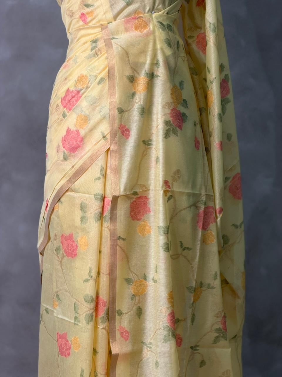 Yellow Chanderi silk cotton Jamdani woven saree- PBRJ35