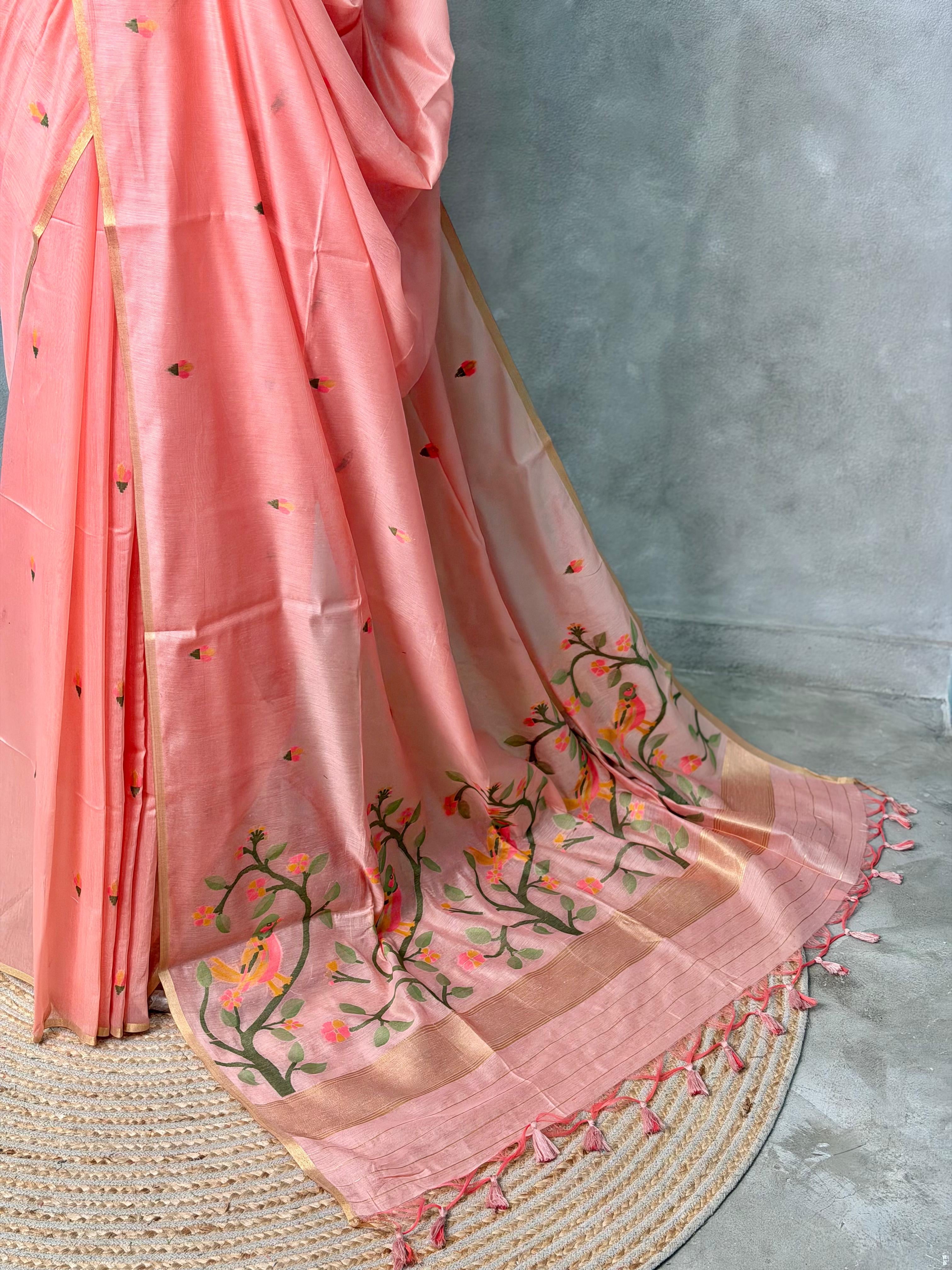 Peach Chanderi silk cotton Jamdani woven saree- PBRJ4