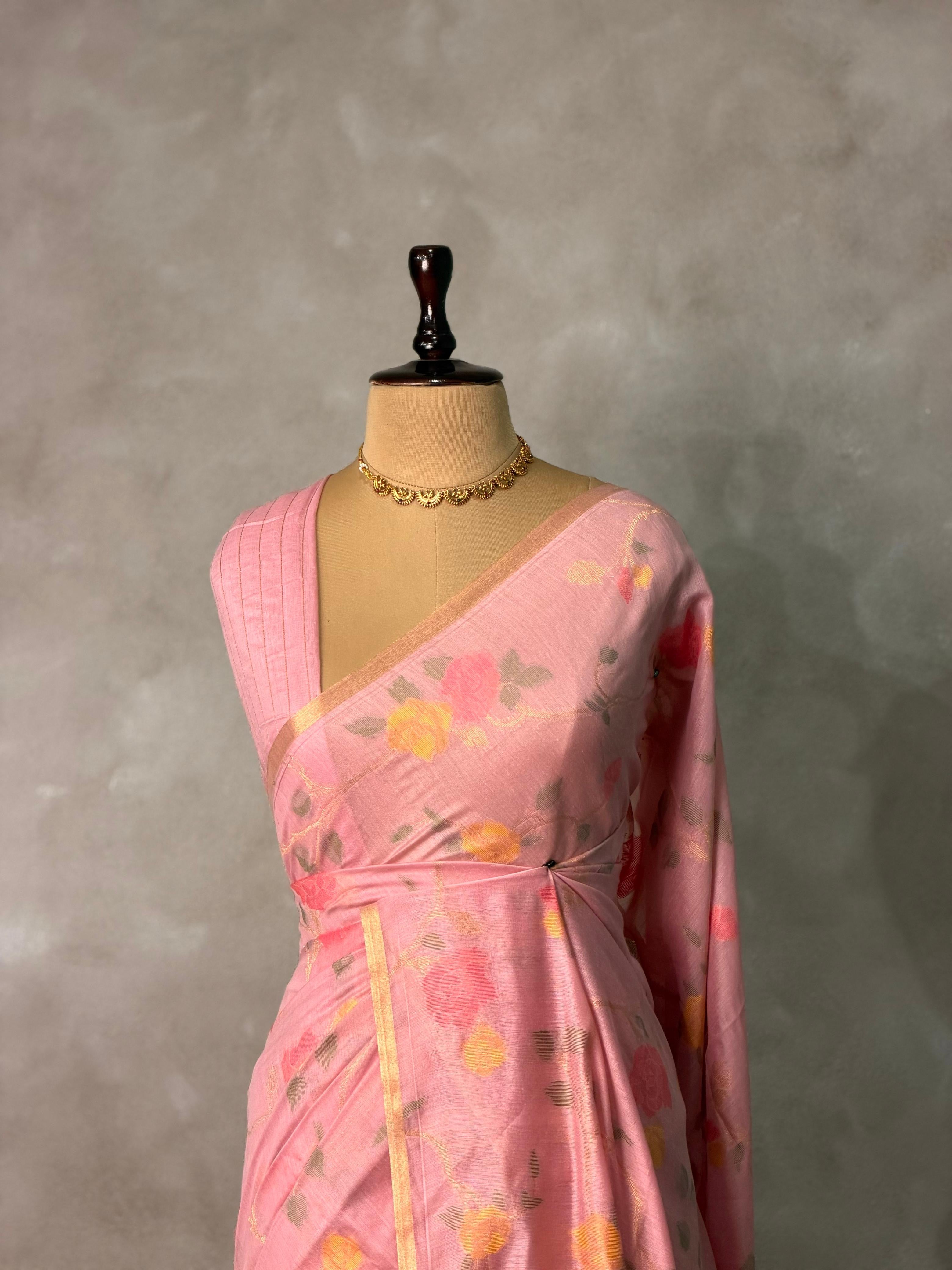 Onion Pink Chanderi silk cotton Jamdani woven saree- PBRJ37