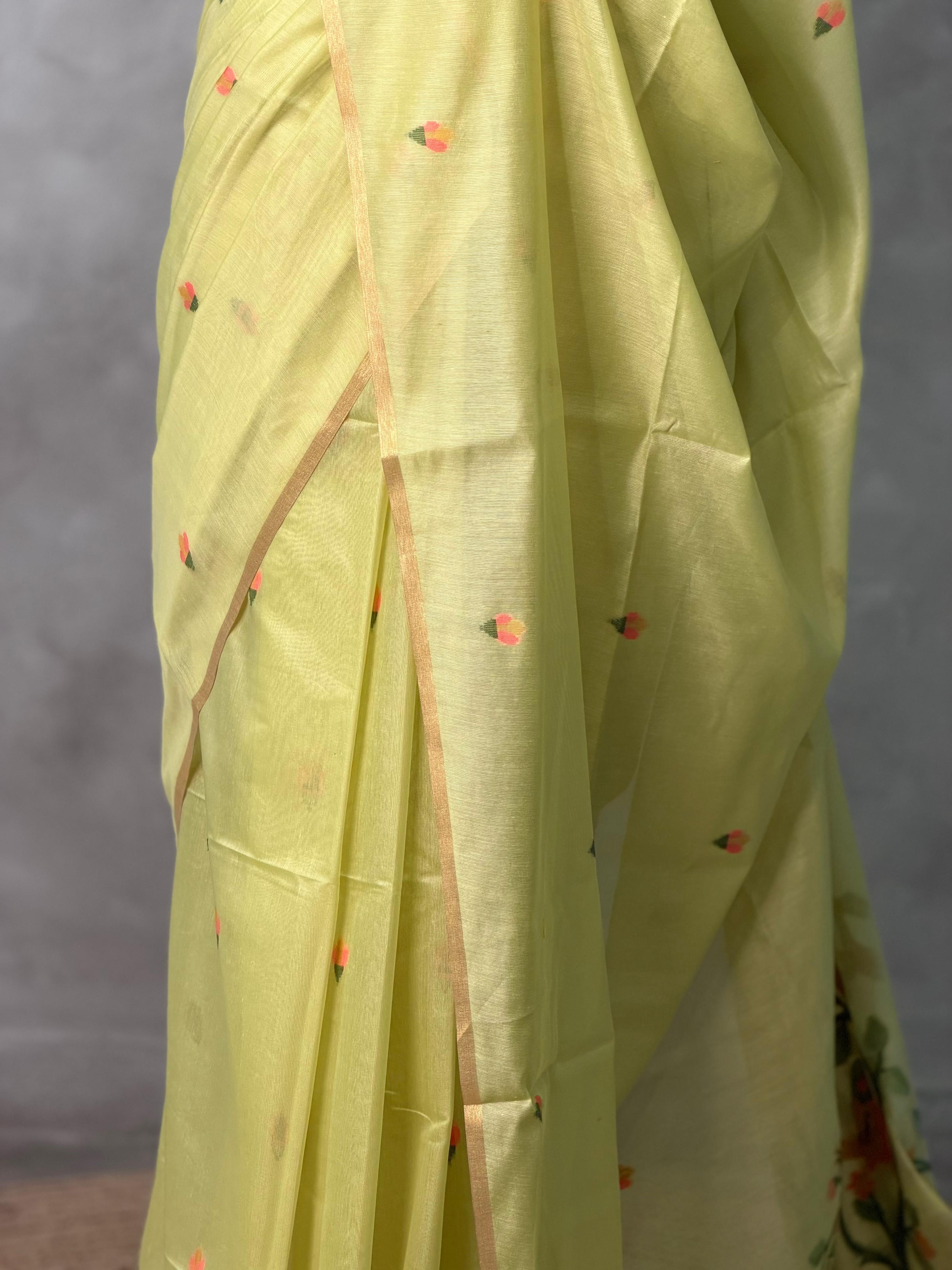 Lime Green Chanderi silk cotton Jamdani woven saree- PBRJ6