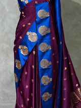 Deep wine and Blue satin Banarasi silk saree - PRAZ6C
