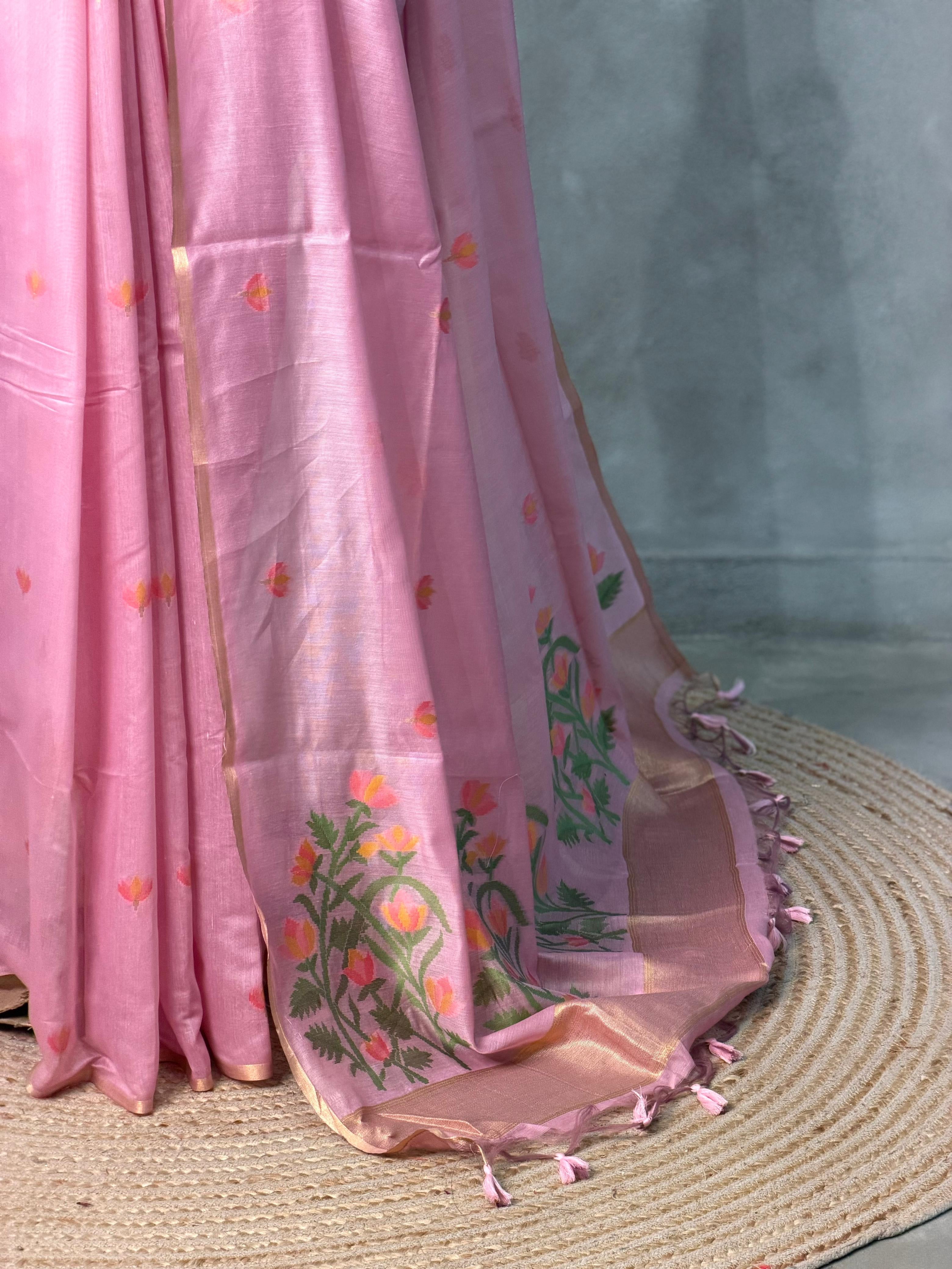 Pink Chanderi silk cotton Jamdani woven saree- PBRJ15