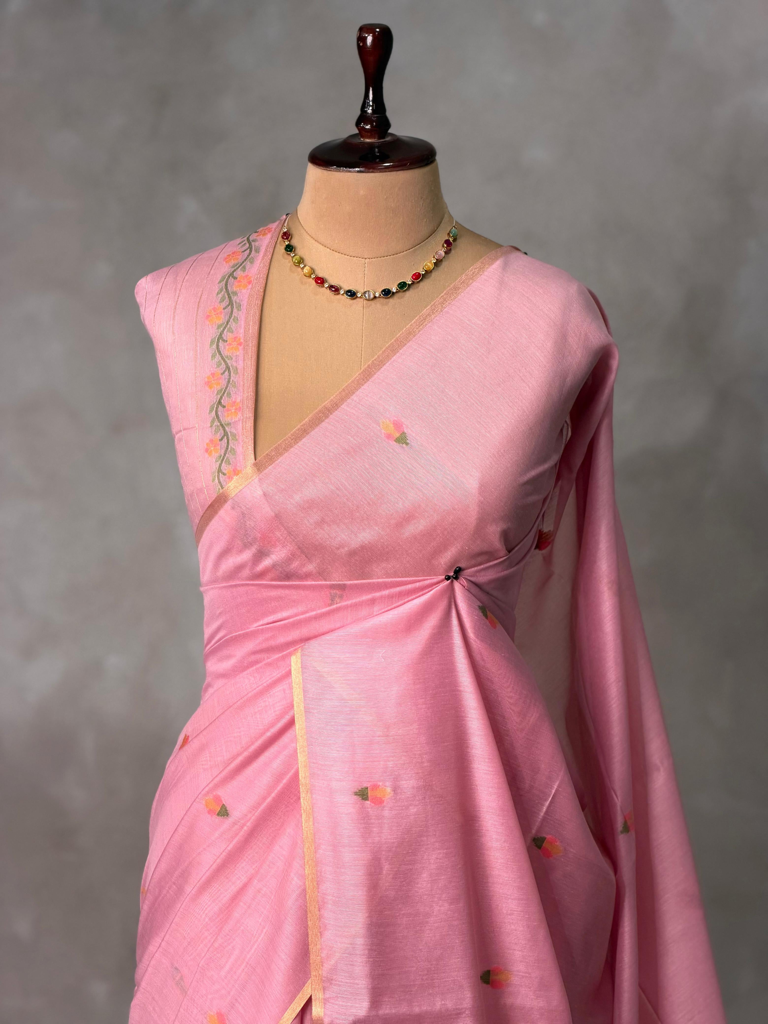 Pink Chanderi silk cotton Saree Jamdani woven - PBRJ1