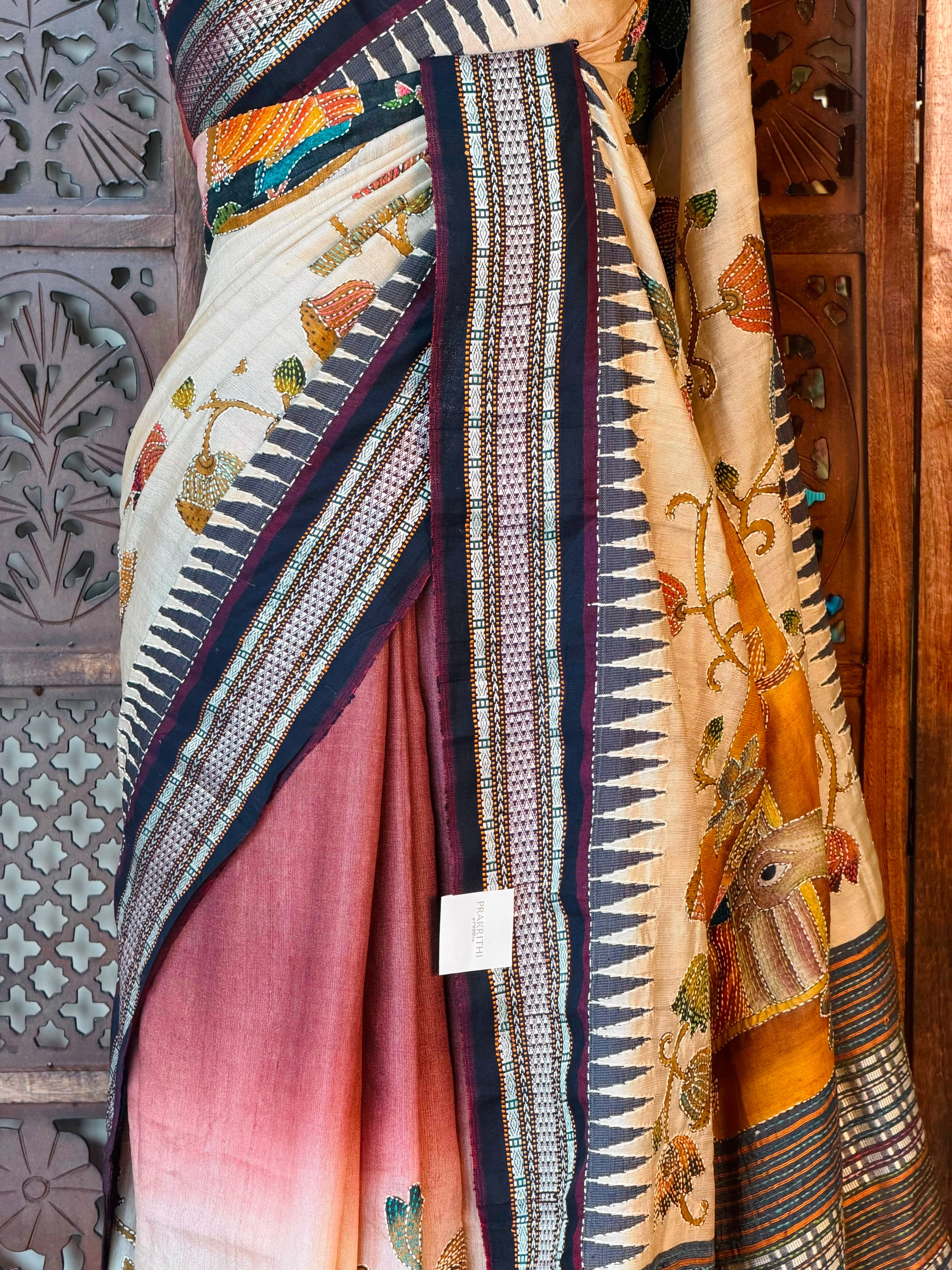 Pure tusser silk with pichwai and hand kantha work -PBRT1A