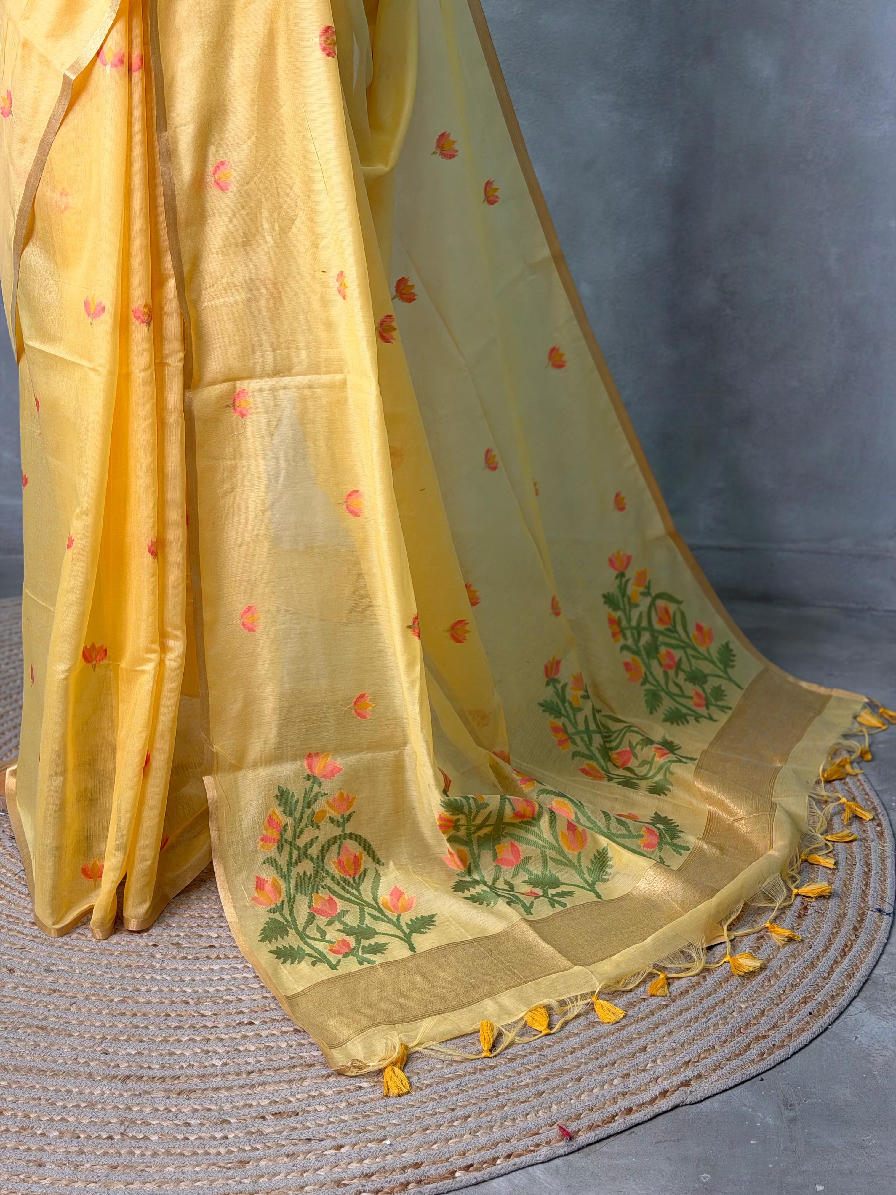 Yellow Chanderi silk cotton Jamdani woven saree- PBRJ14