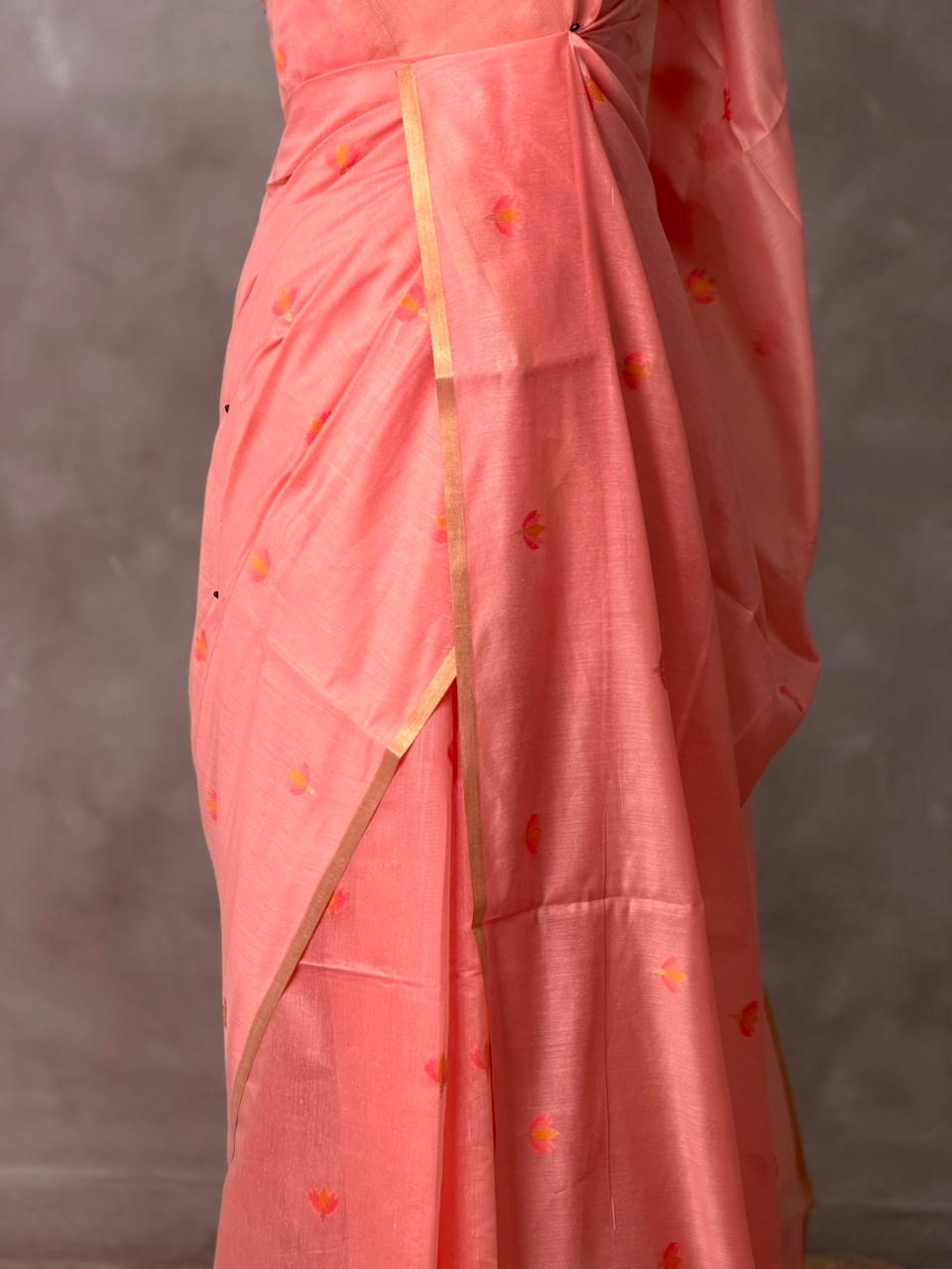 Peach Chanderi silk cotton Jamdani woven saree- PBRJ17