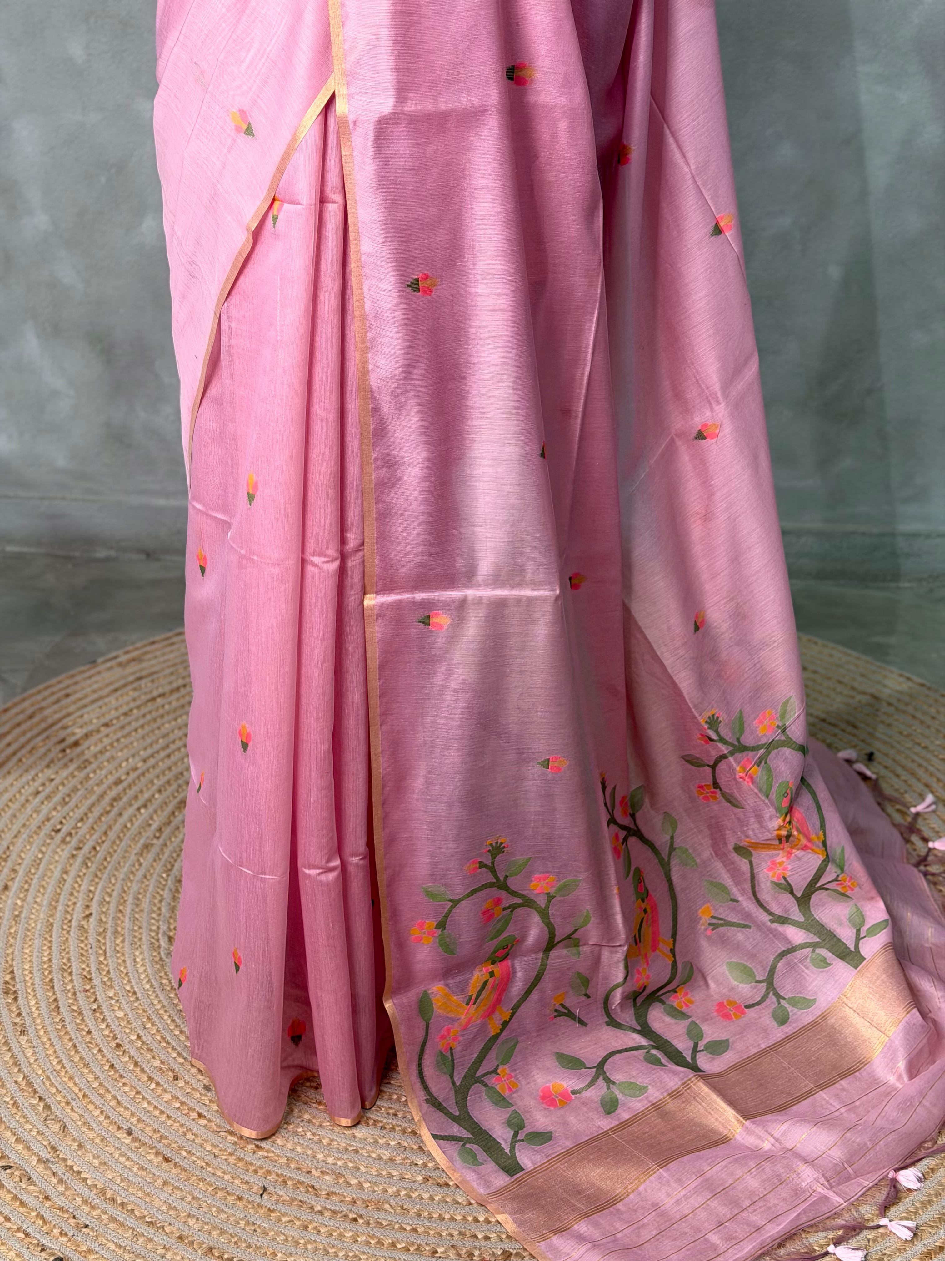 Pink Chanderi silk cotton Saree Jamdani woven - PBRJ1