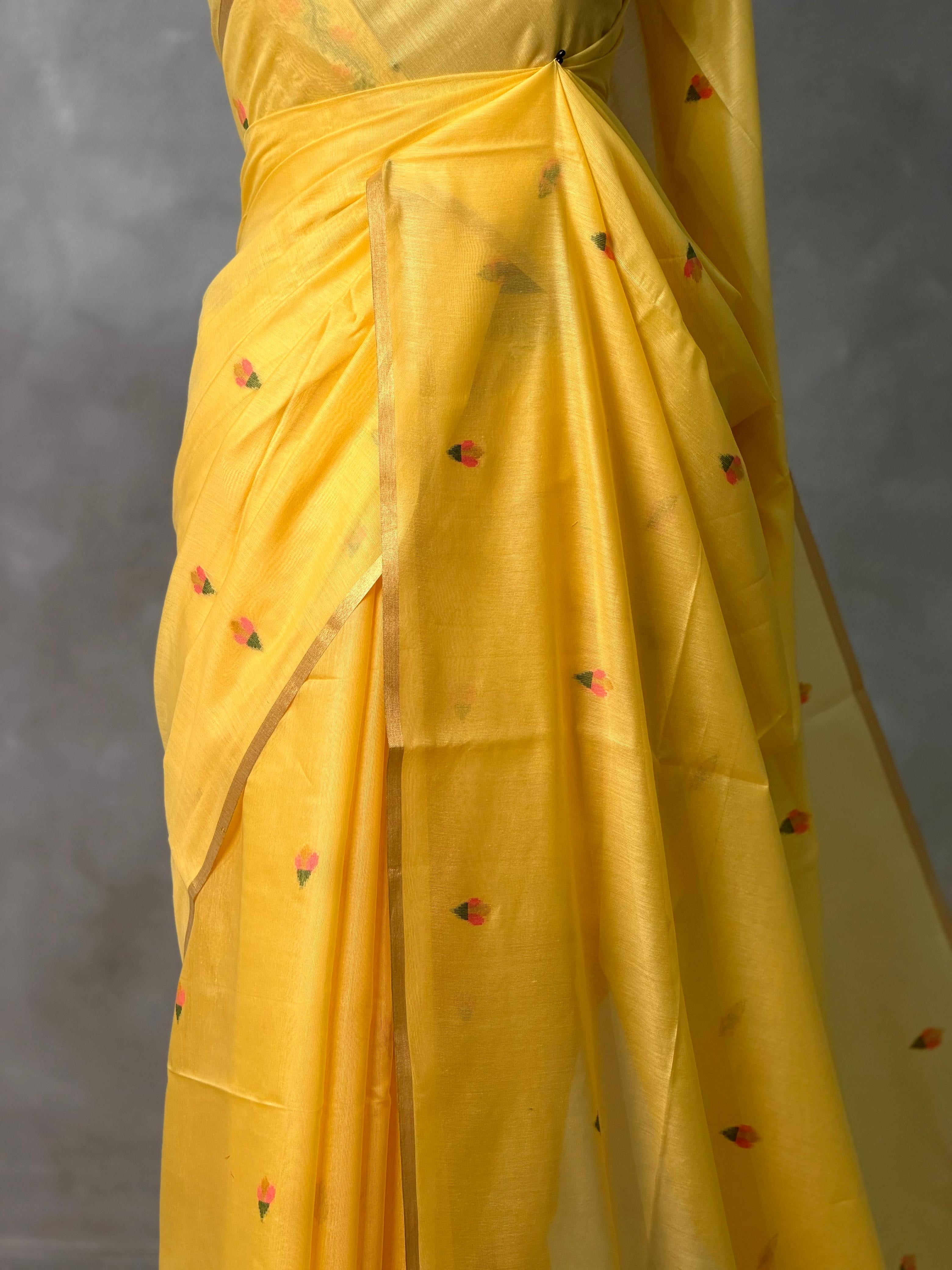 Yellow Chanderi silk cotton Jamdani woven saree- PBRJ2
