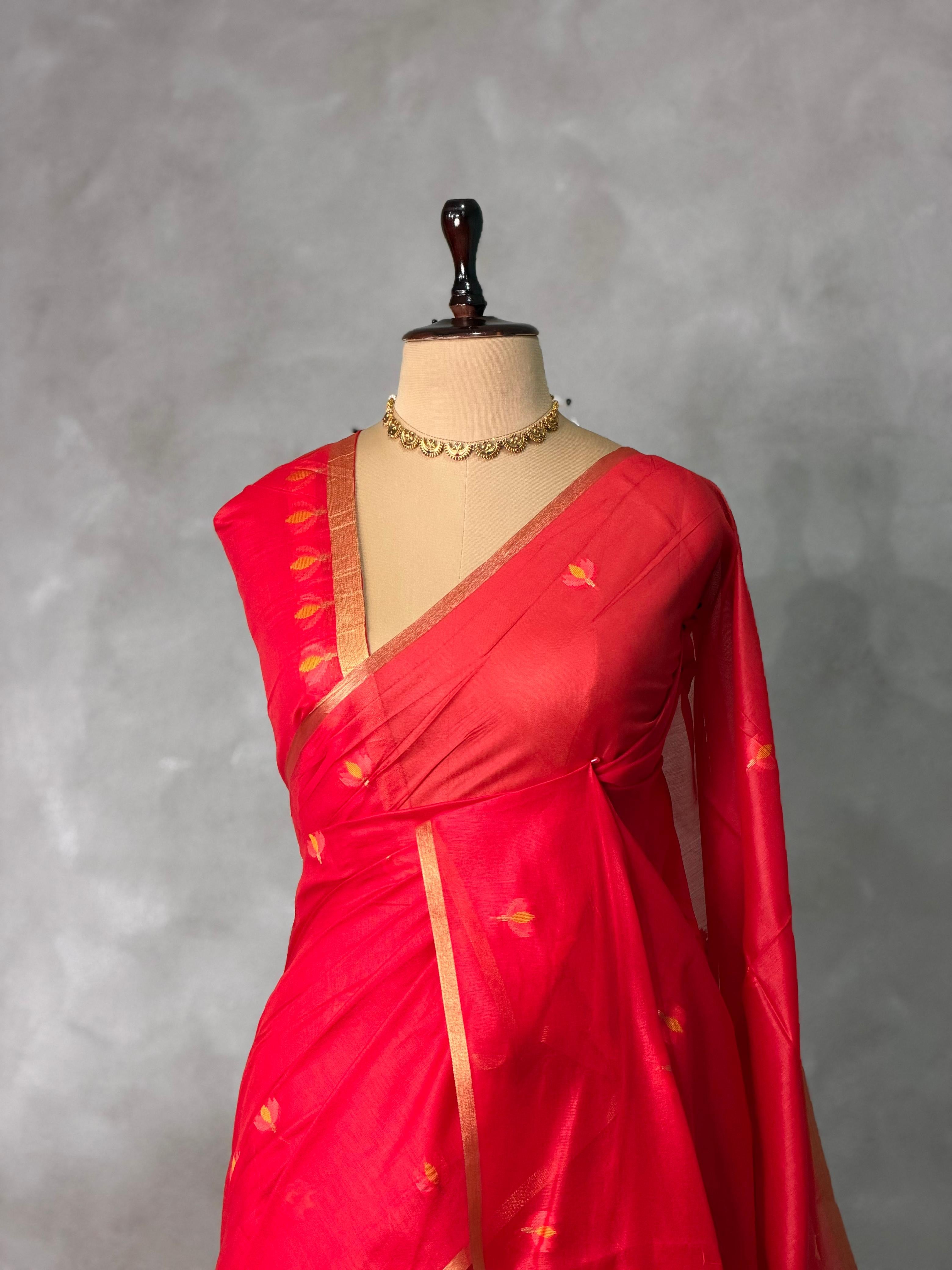 Maroon Red Chanderi silk cotton Jamdani woven saree- PBRJ13