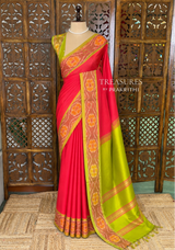 Dark peach and green Handloom silk cotton saree - PBRMH1J