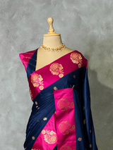Navy Blue and magenta satin Banarasi silk saree - PRAZ6A