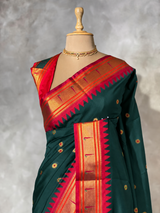Dark Green and Red Silk saree - PBRZU13A