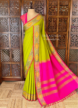 Lime Green and rani Pink Handloom silk cotton saree - PBRMH1K