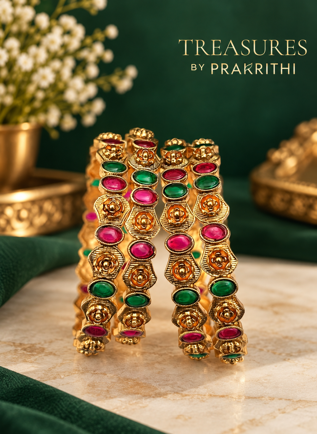 Antique Gold-Tone Floral Stone Bangles- JBN2