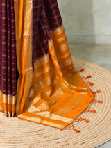 Deep Wine and Yellow Crepe silk saree- PBRSB3F