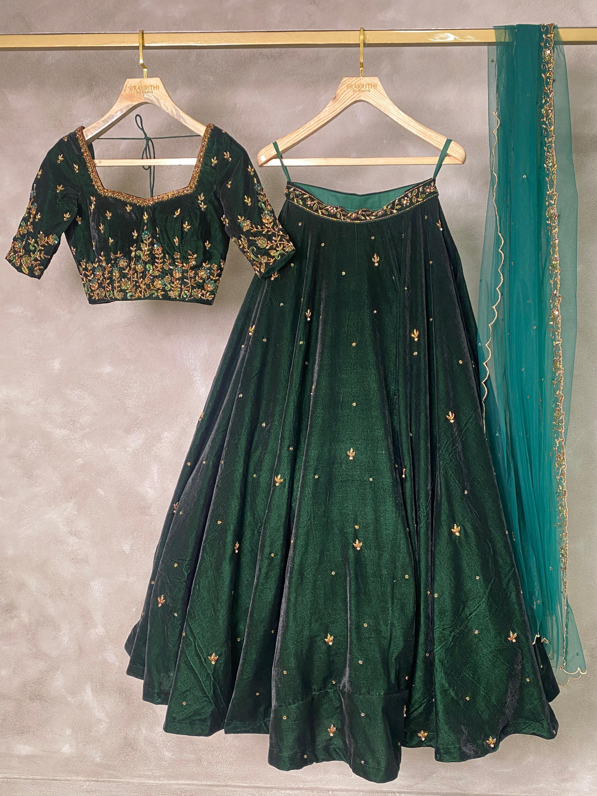 Bottle green velvet lehenga set- PVL04