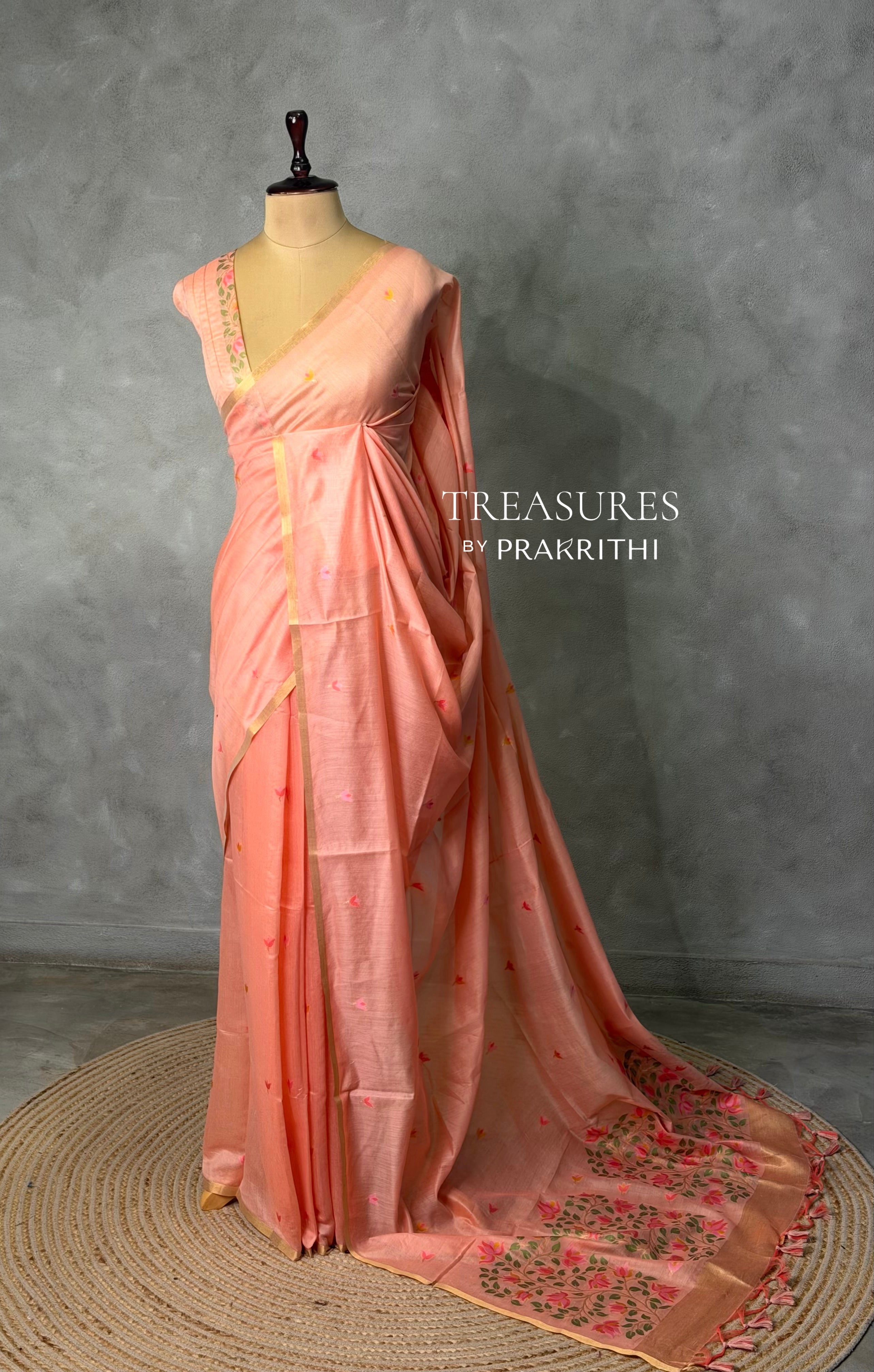 Peach Chanderi silk cotton Jamdani woven saree- PBRJ26