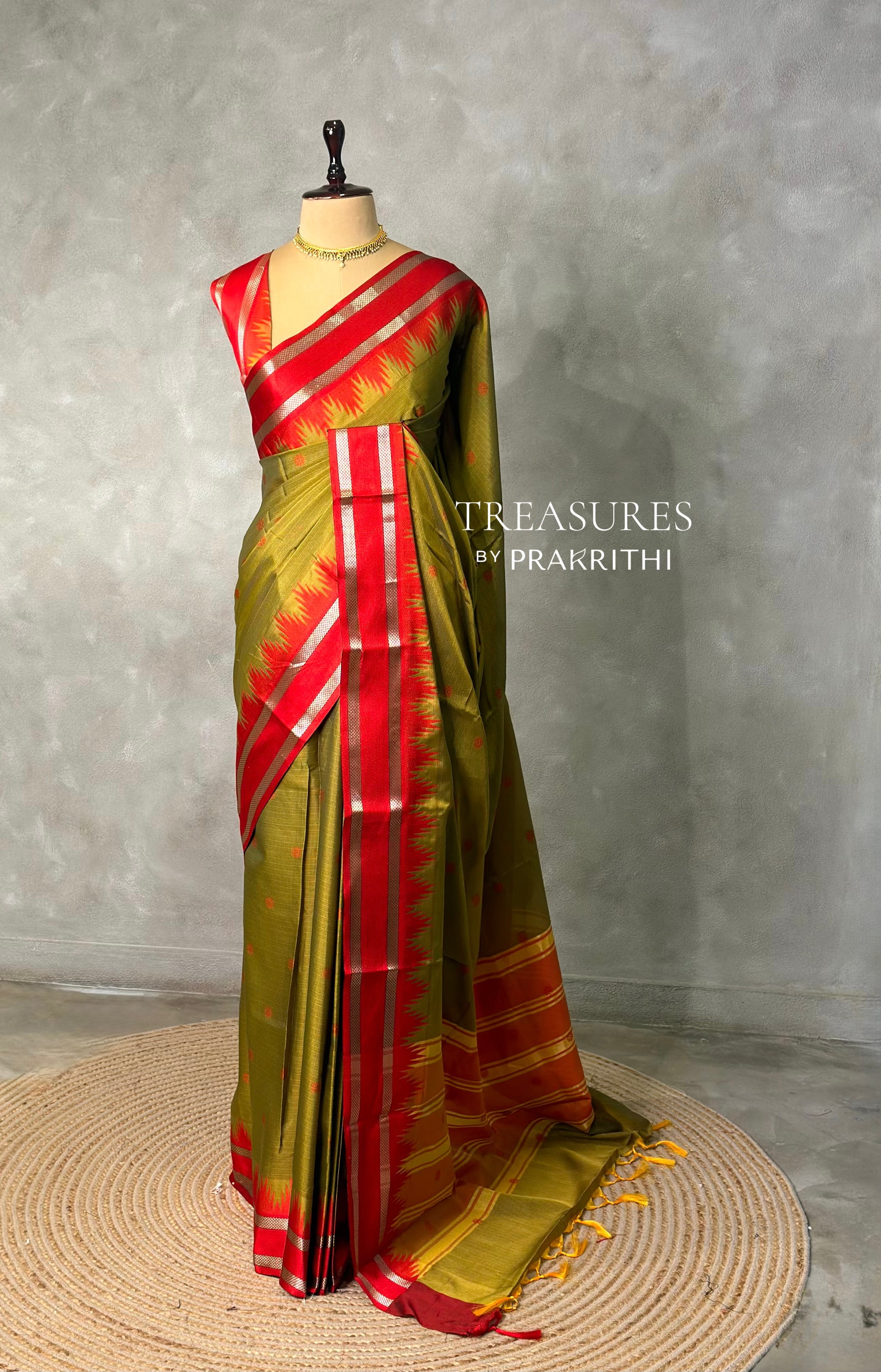 Olive Green and Red Semi banarasi silksaree -PFAZ12D