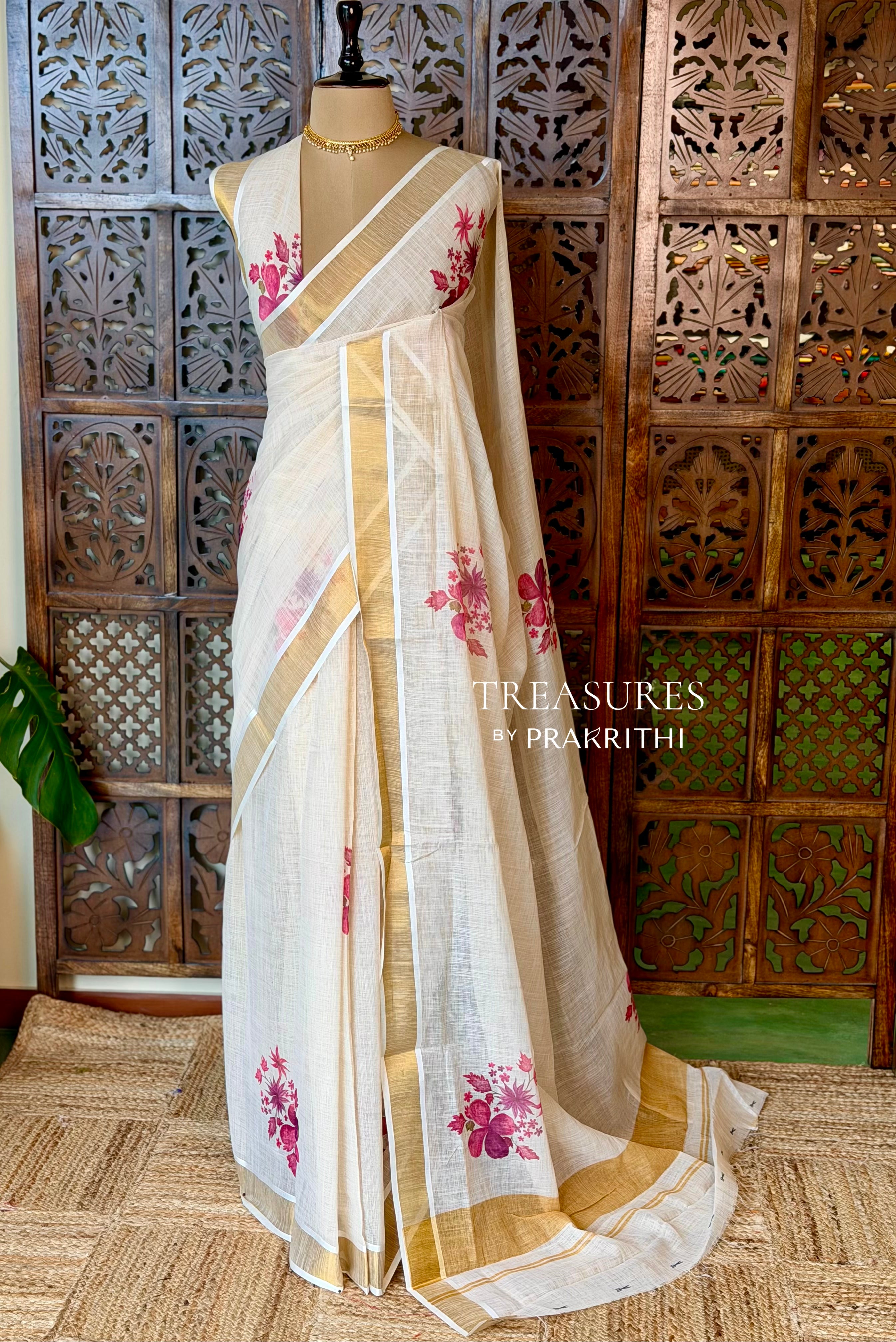 Off white soft semi linen saree -PONAM26N3