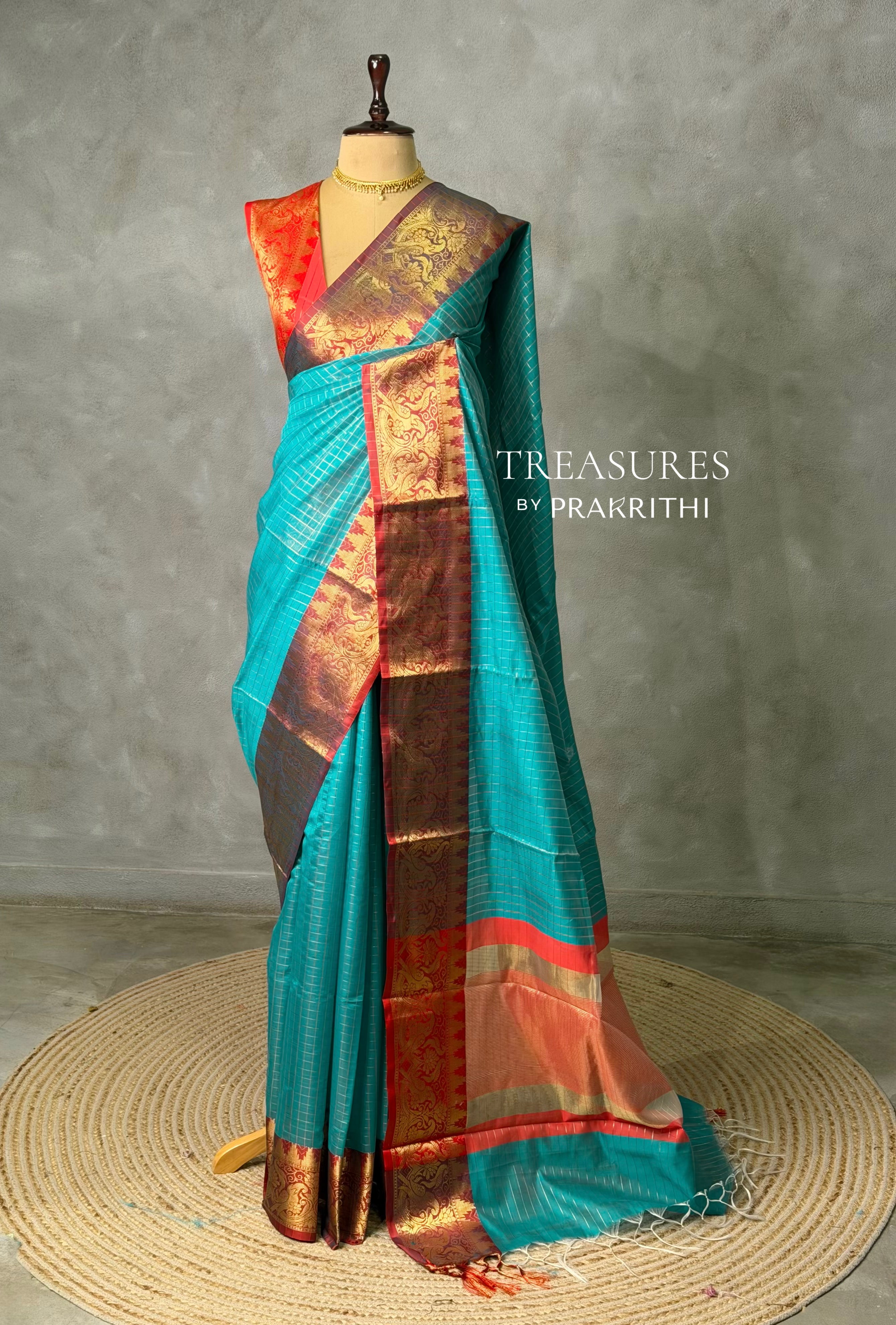 Aqua blue and Red banarasi silk saree -AISH20