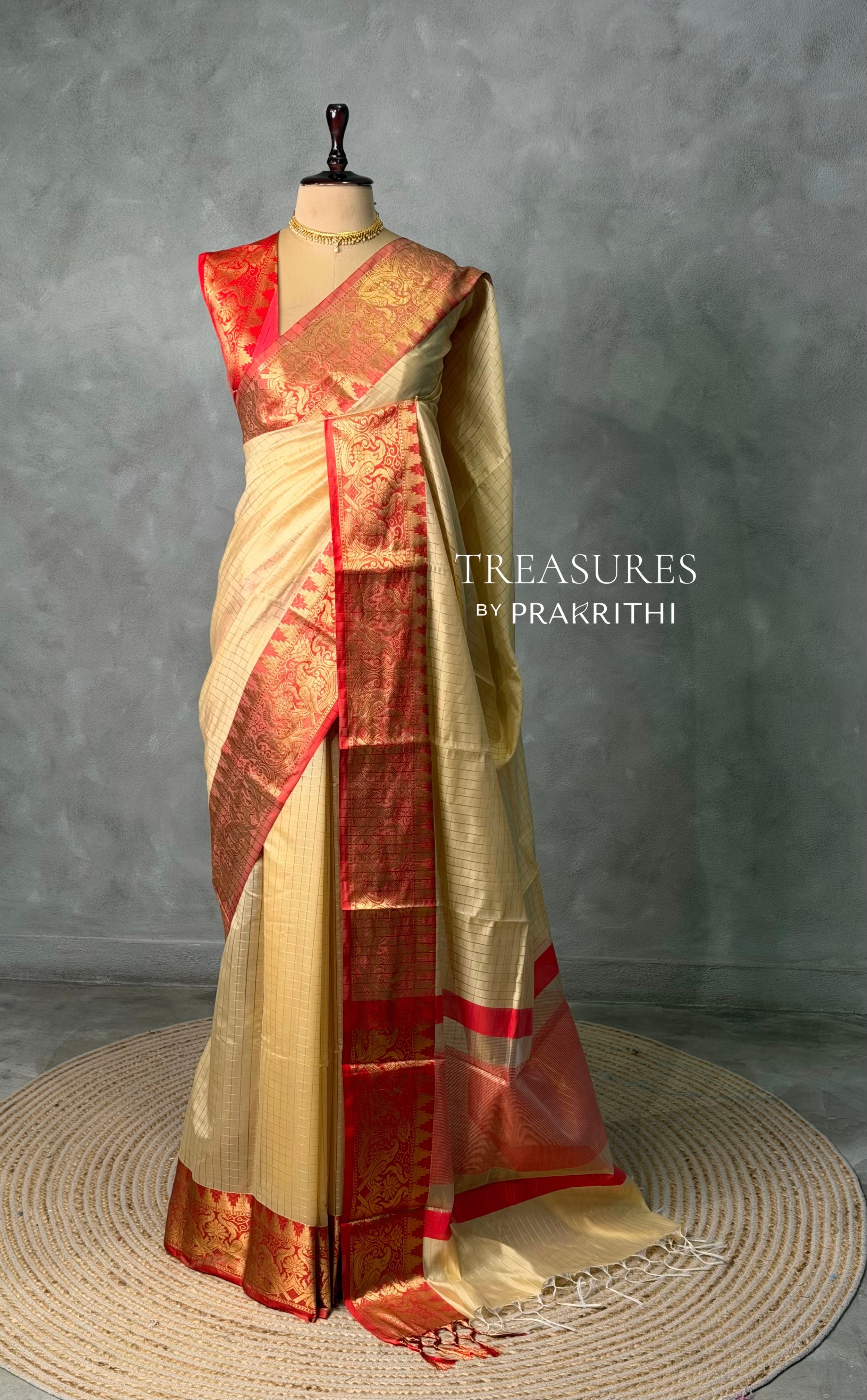 Sandal and Red banarasi silk saree -AISH20B