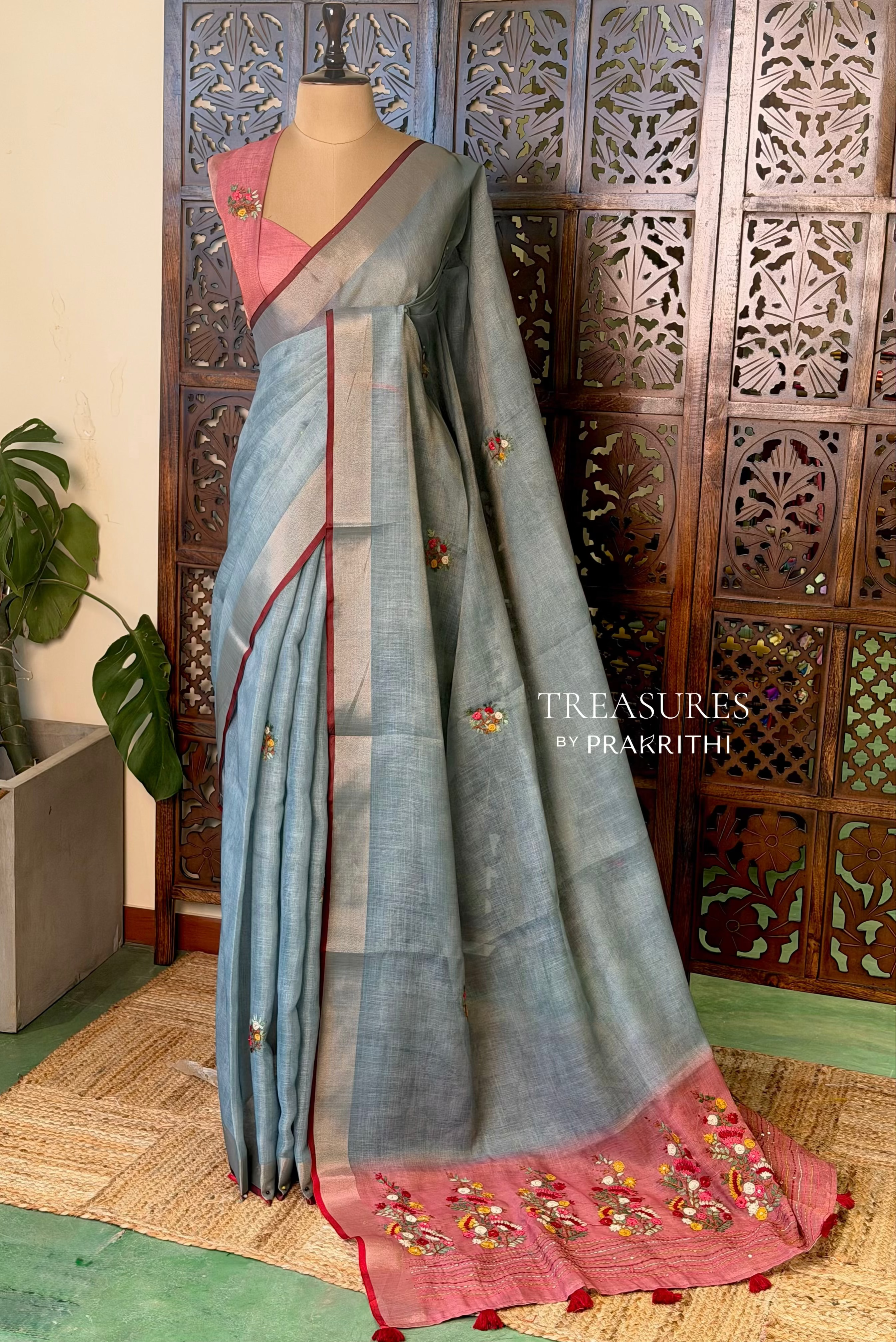 Greyish Blue and Peach Linen tissue saree: PBR53A