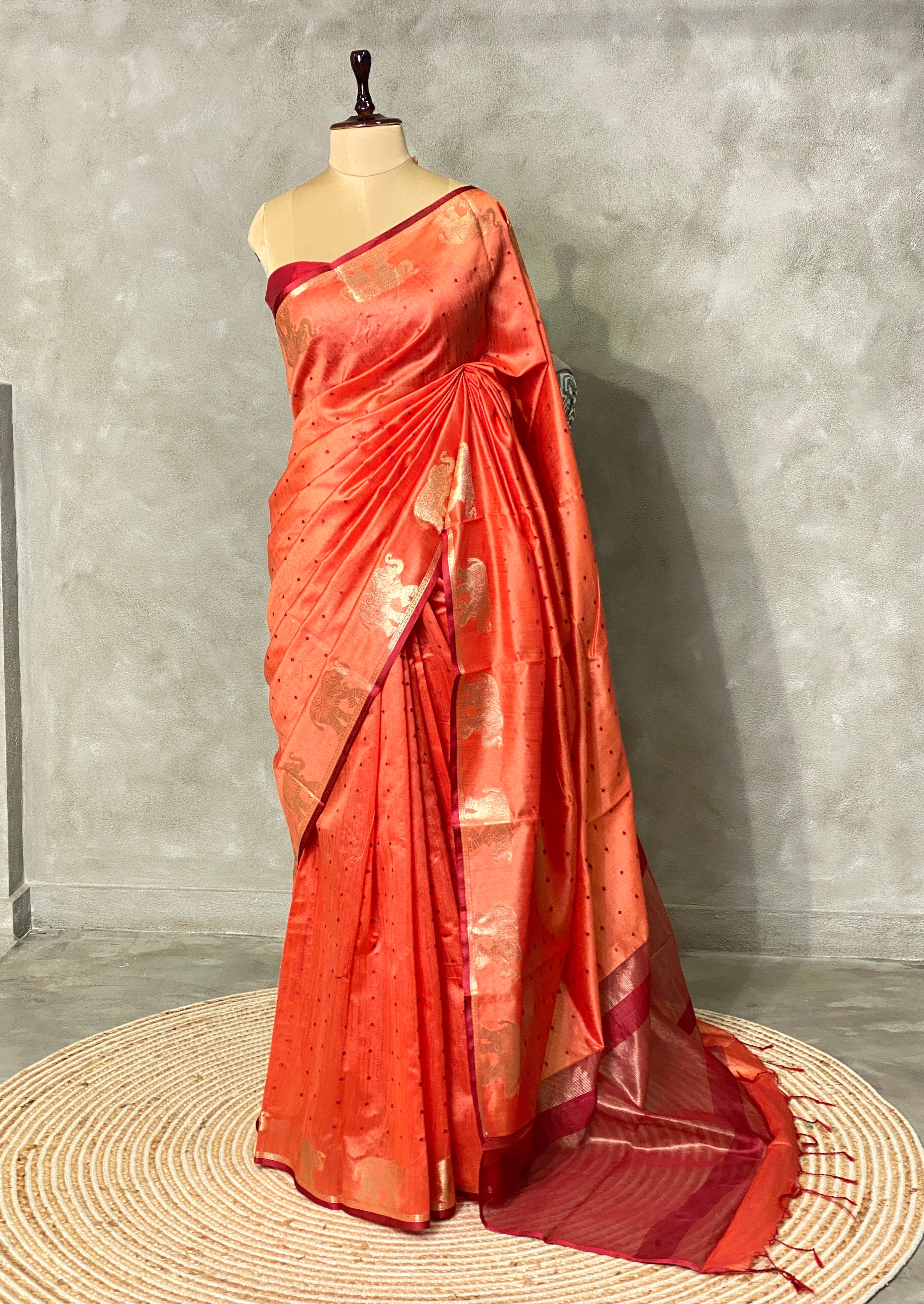 Peach and Maroon combo semi tusser saree- PST001B