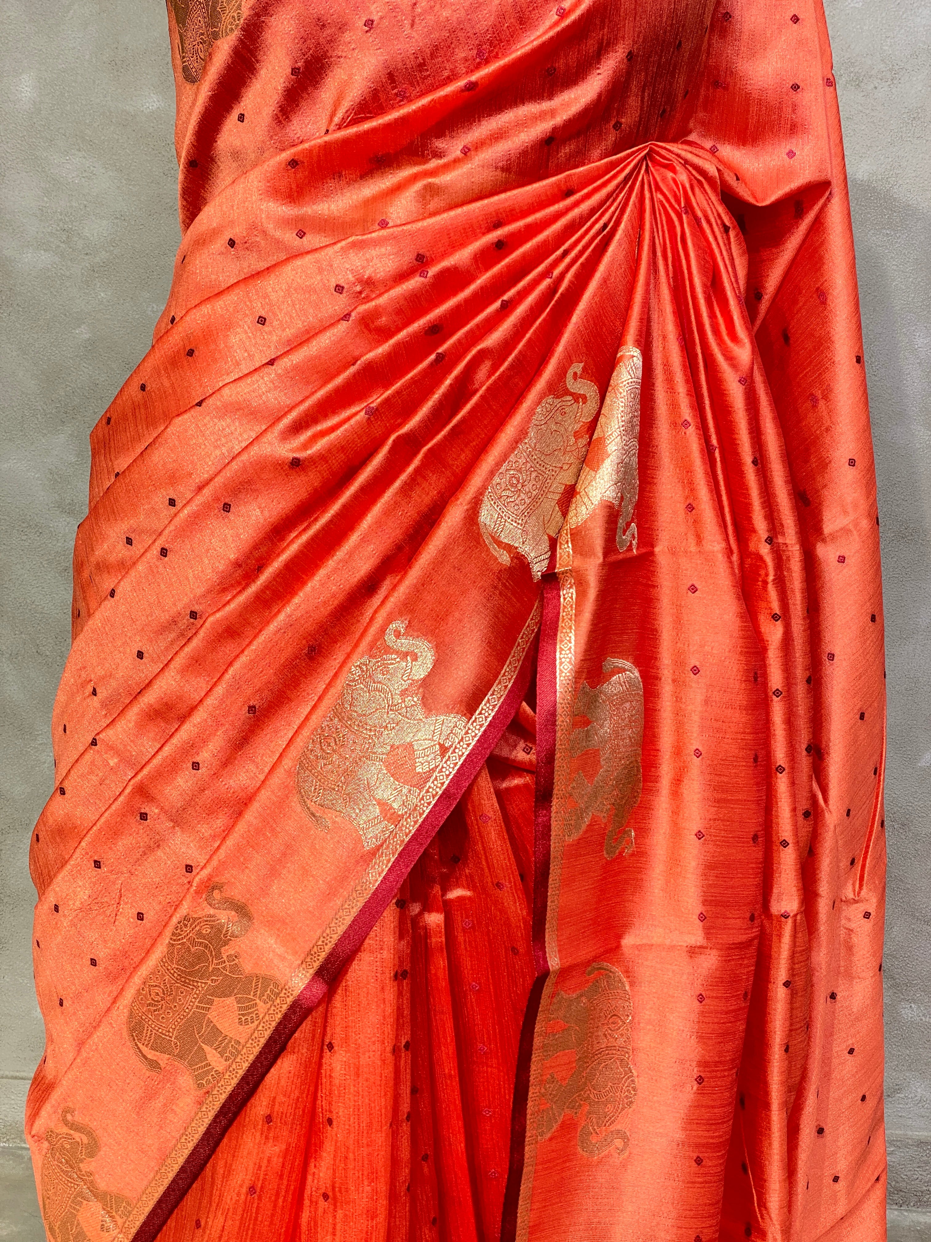 Peach and Maroon combo semi tusser saree- PST001B