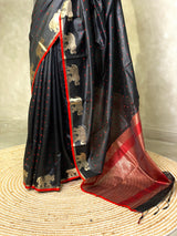 Black and maroon semi tusser saree- PST001A