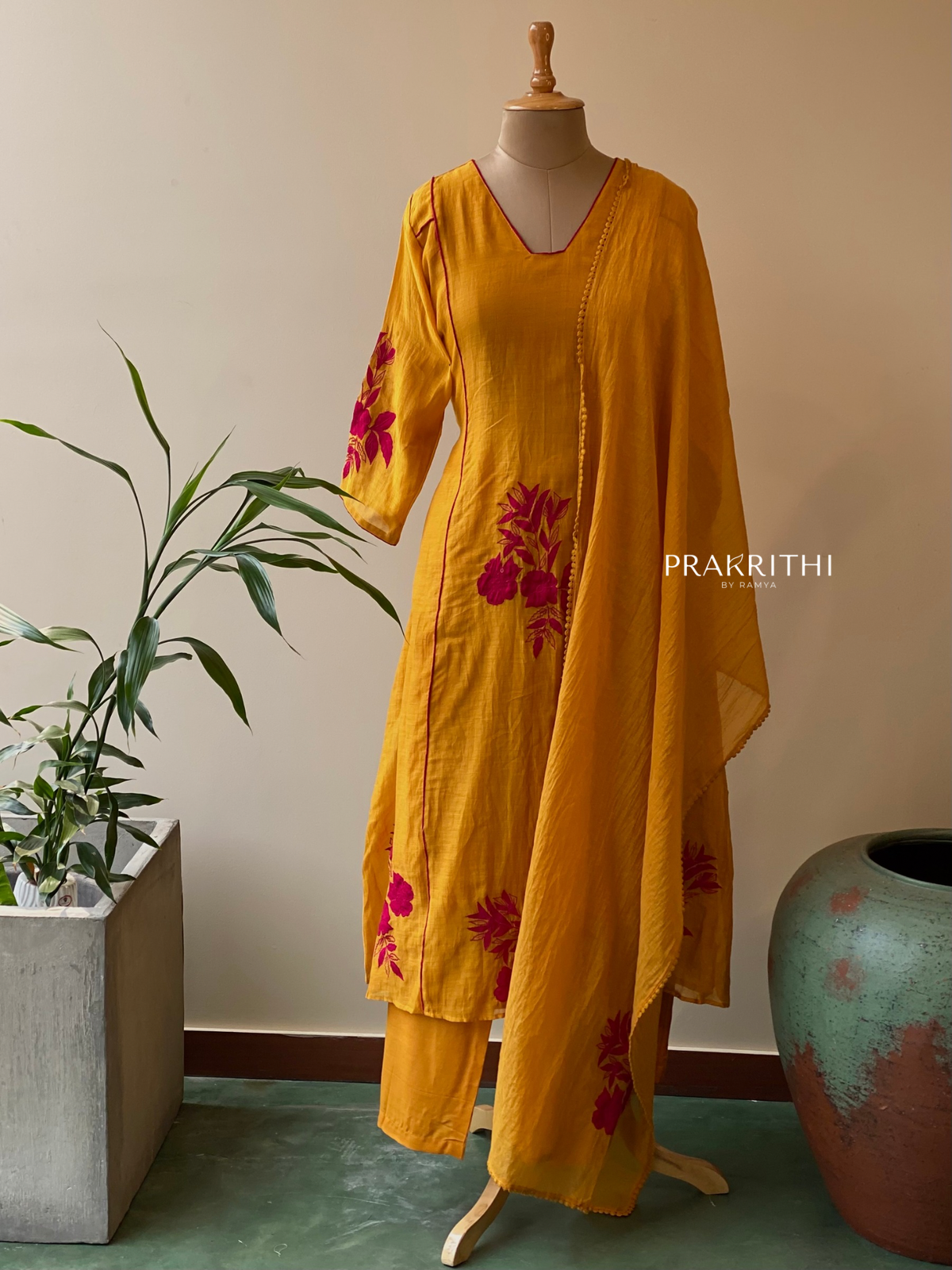 Yellow and magenta mul chanderi salwar set -SMUL3 -SIZE44