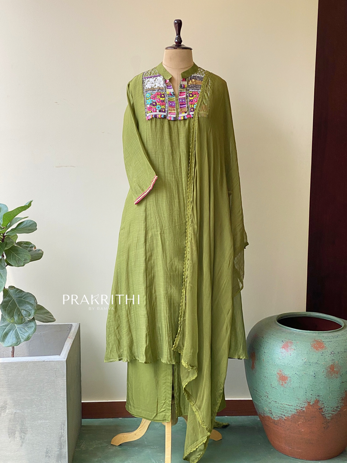 olive green Pure mul chanderi salwar set -SMUL22-SIZE44