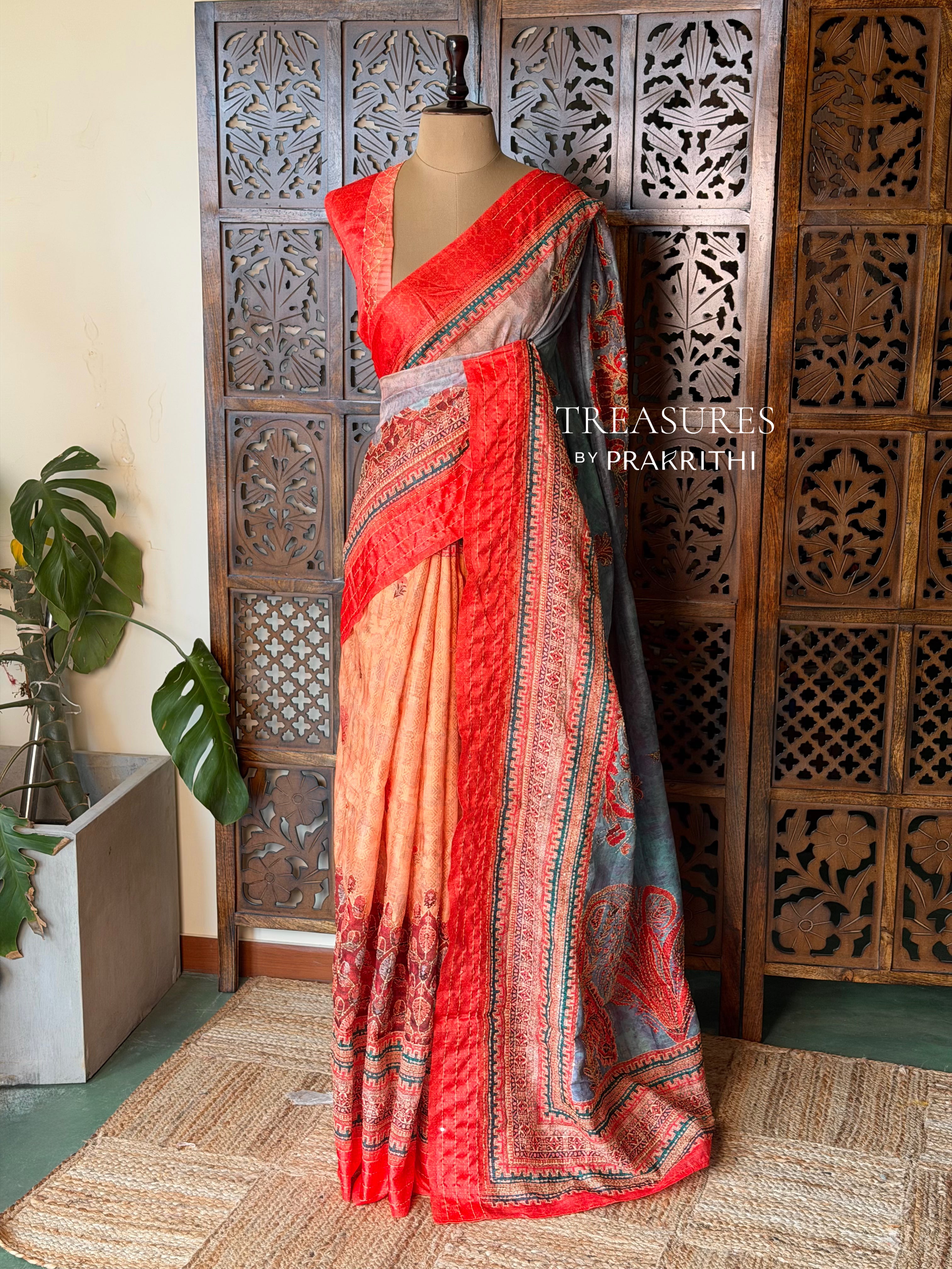 Orange Semi Tusser silk saree: PBR55AD