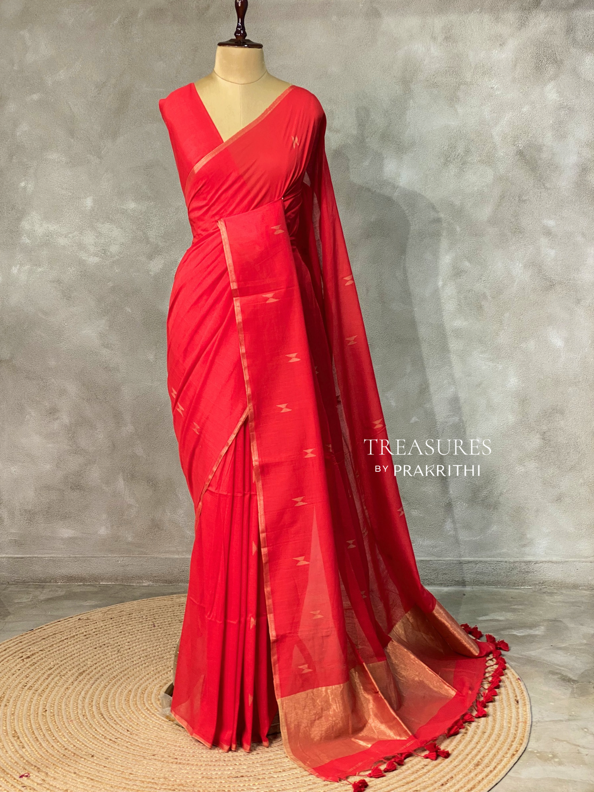 Red khadi cotton saree - PRAJC10