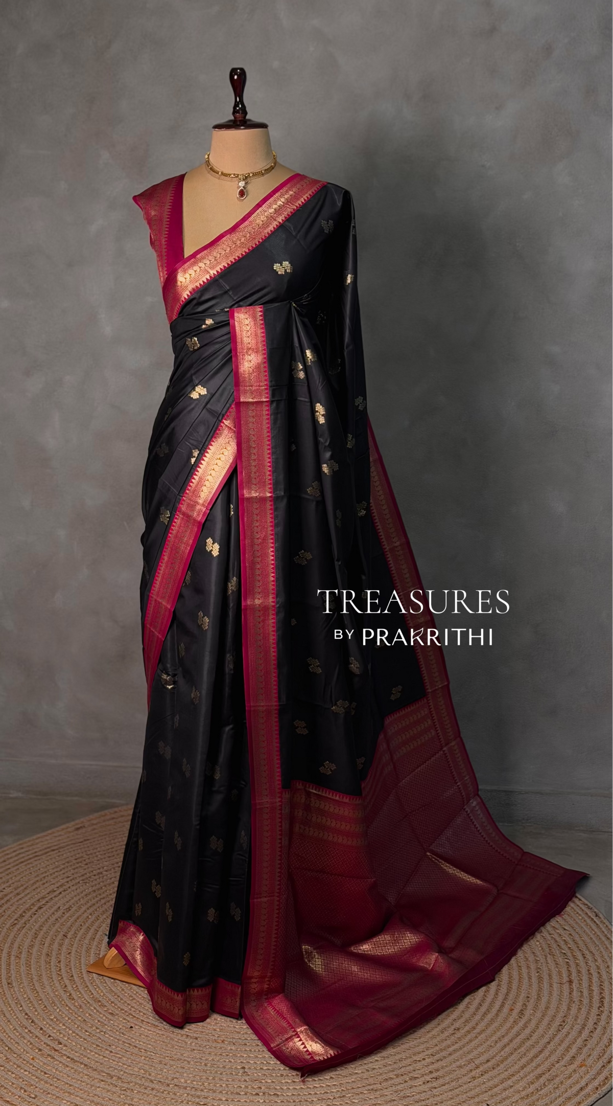 Black and Rani Pink silk saree - PBR23B