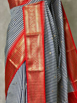 White, Navy blue and Red Silk saree - PBRZU4