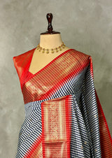 White, Navy blue and Red Silk saree - PBRZU4